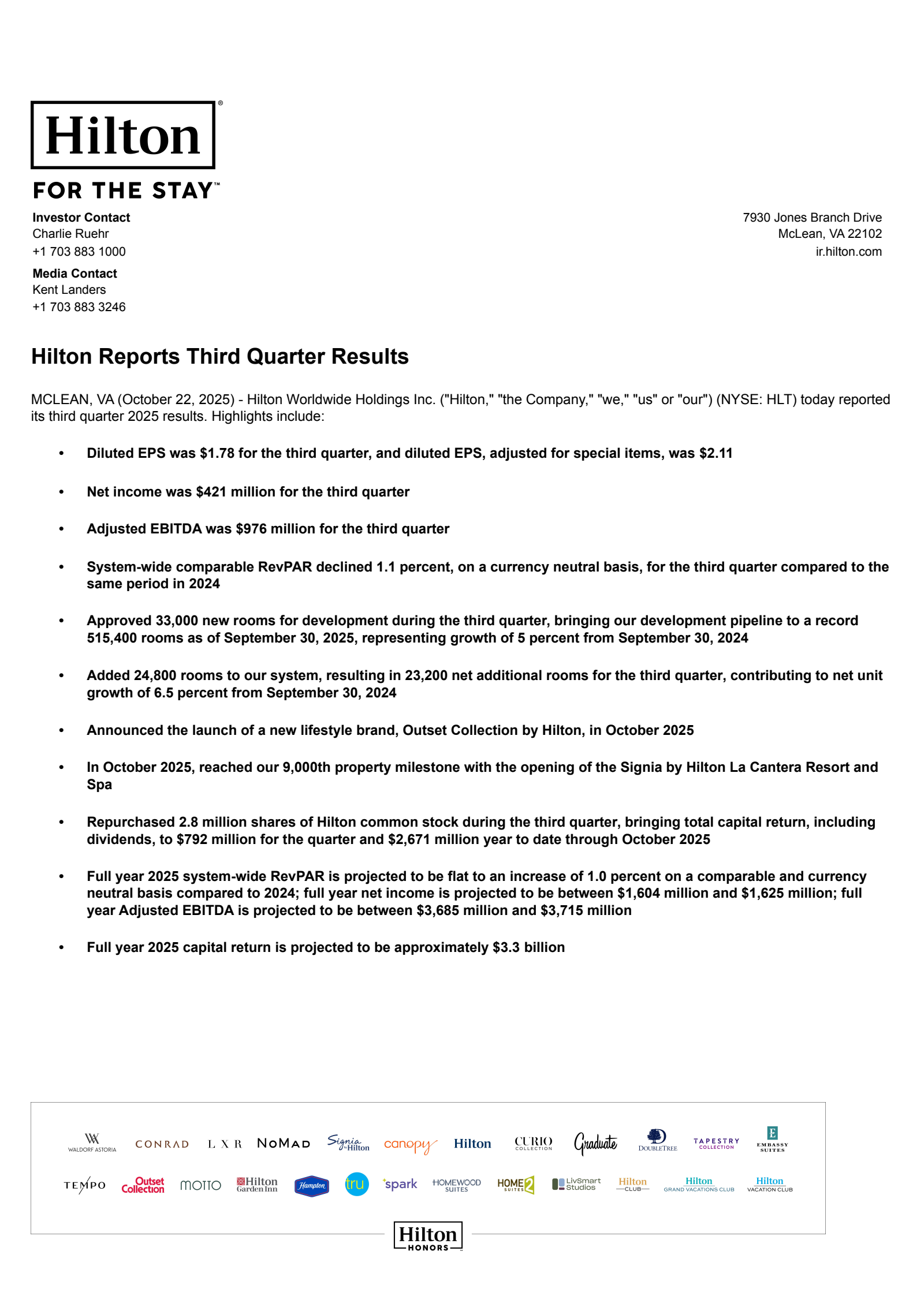 Hilton Worldwide's Q3 2025 Earnings Release