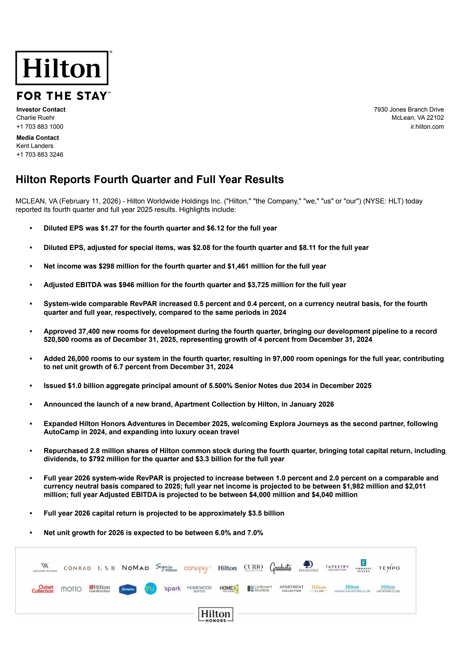 Hilton Worldwide's Q4 2025 Press Release