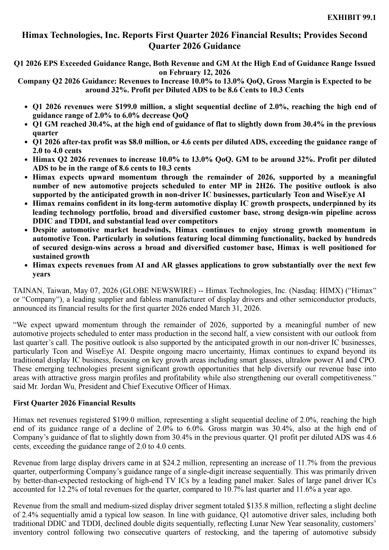 Himax Technologies' Q1 2026 Press Release