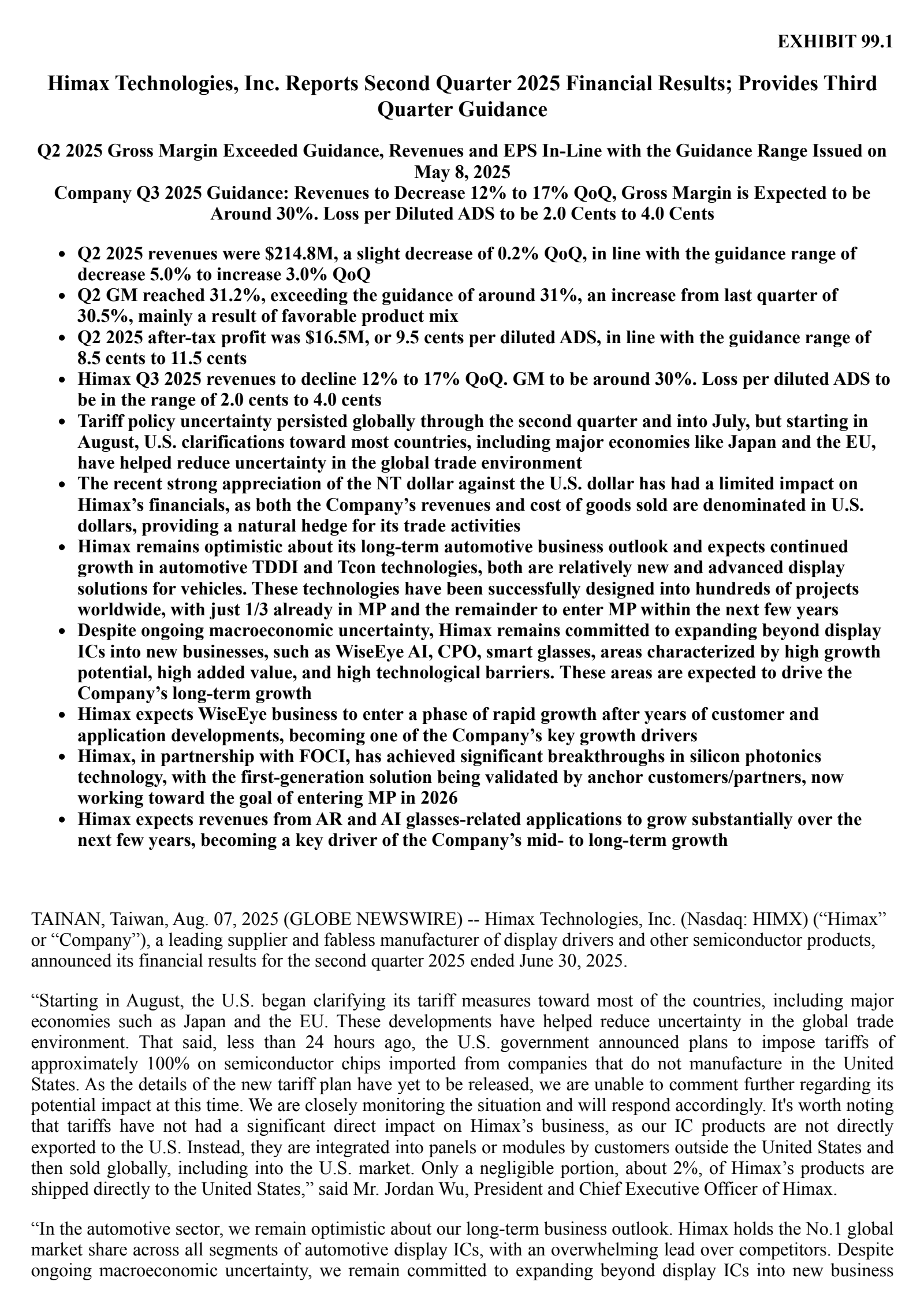 Himax Technologies' Q2 2025 Press Release