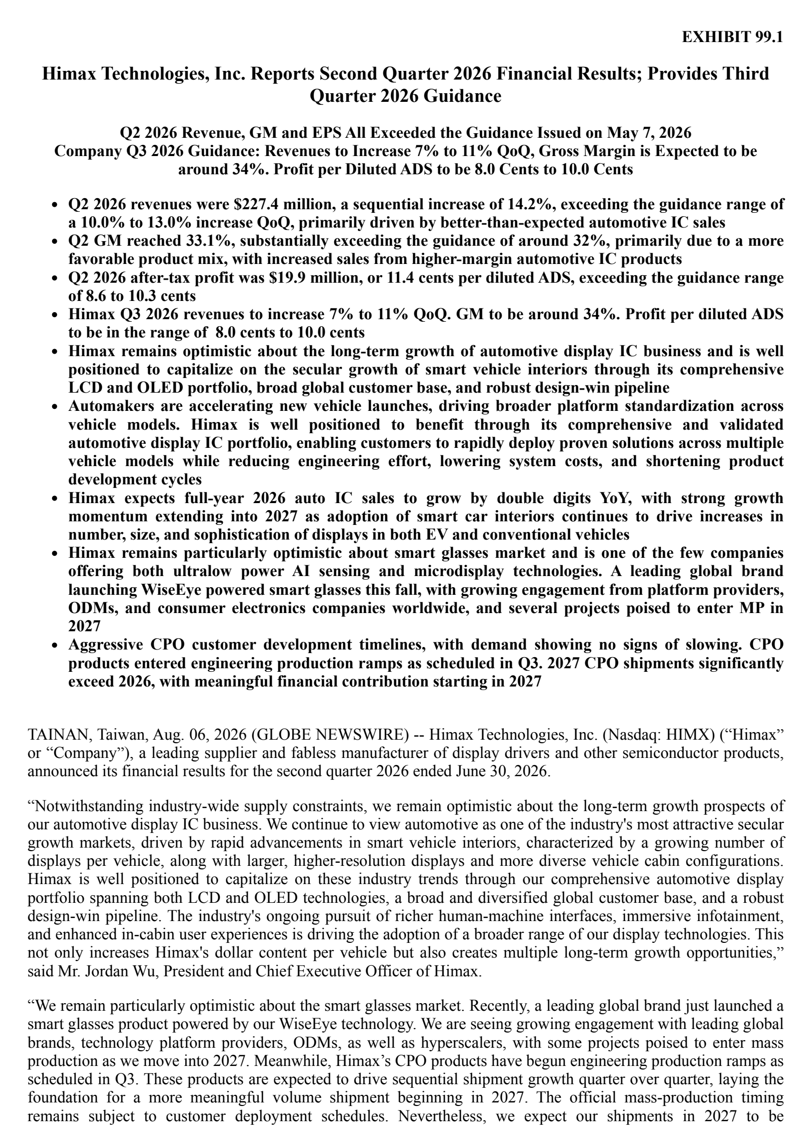 Himax Technologies' Q2 2026 Press Release
