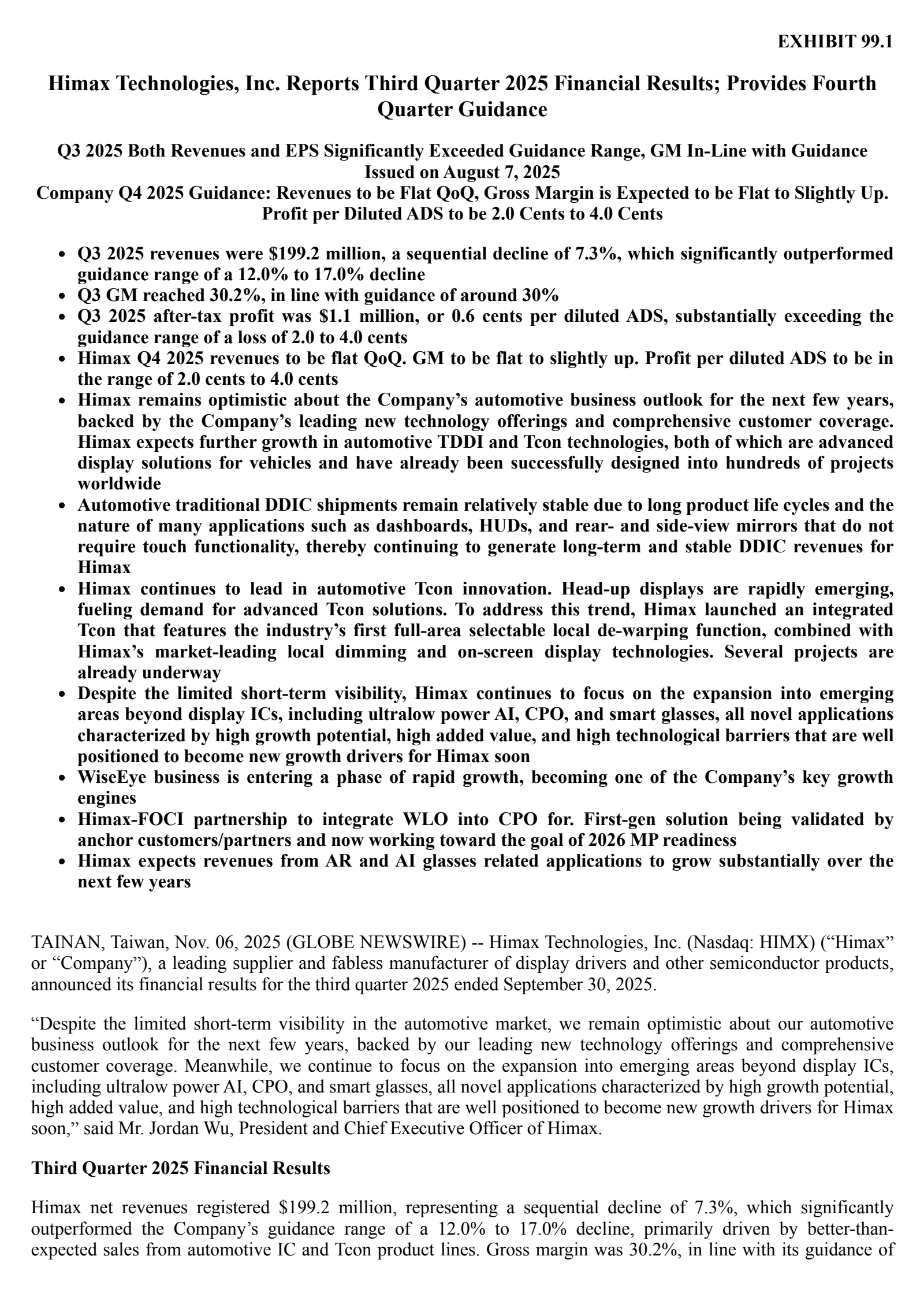 Himax Technologies' Q3 2025 Earnings Release