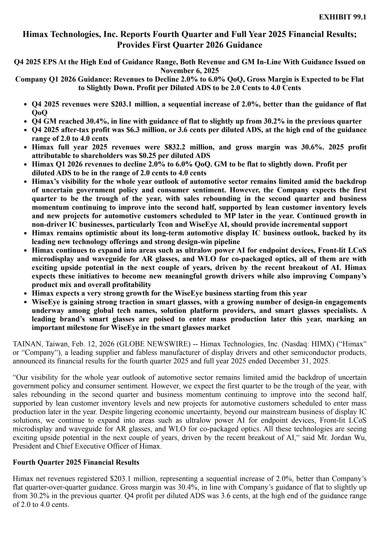 Himax Technologies' Q4 2025 Press Release