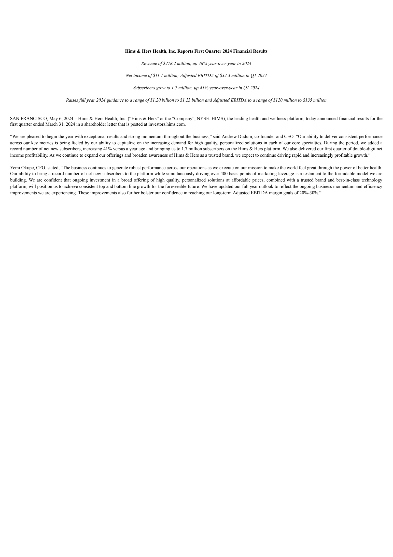 Hims & Hers Health's Q1 2024 Earnings Release