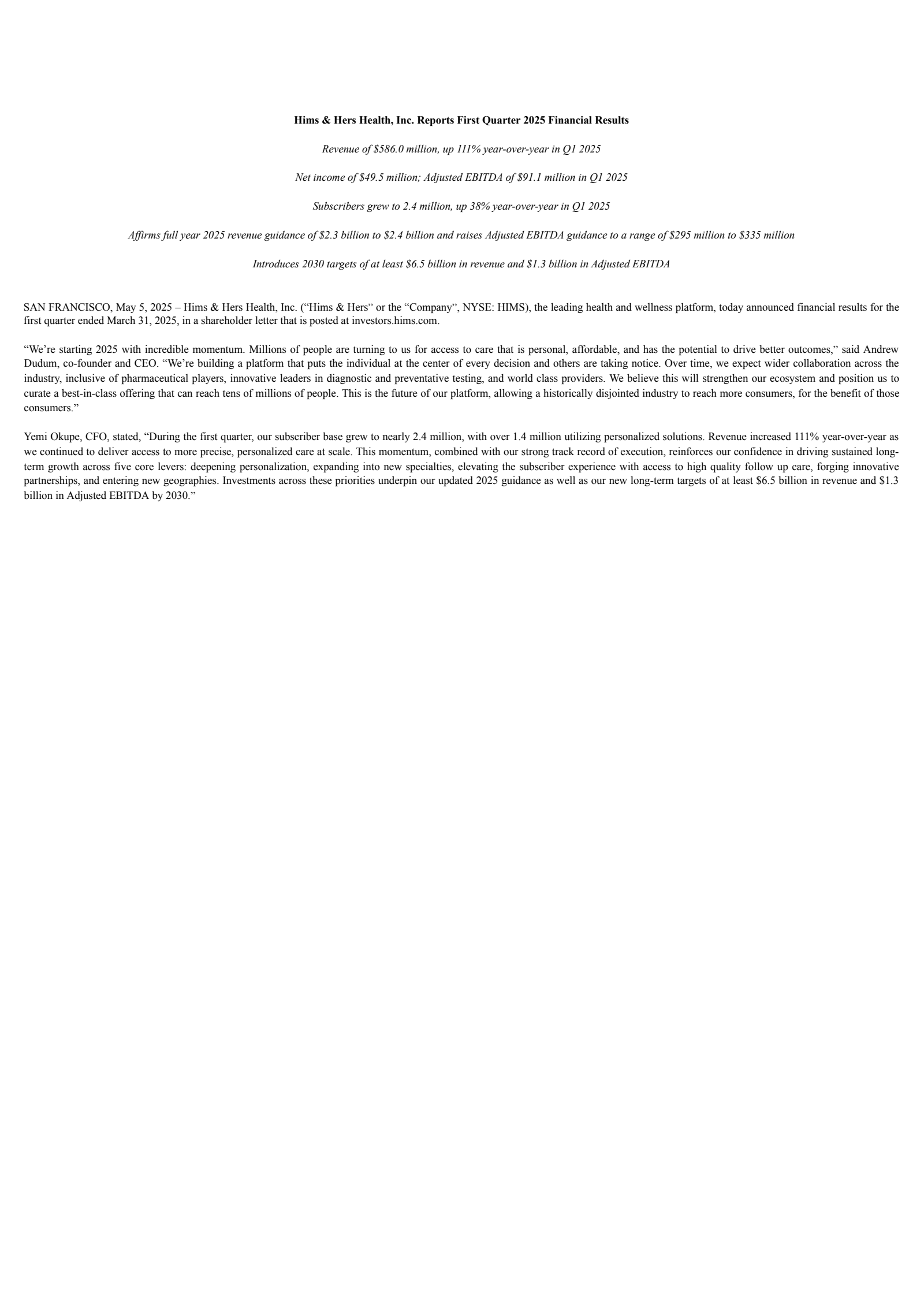 Hims & Hers Health's Q1 2025 Earnings Release
