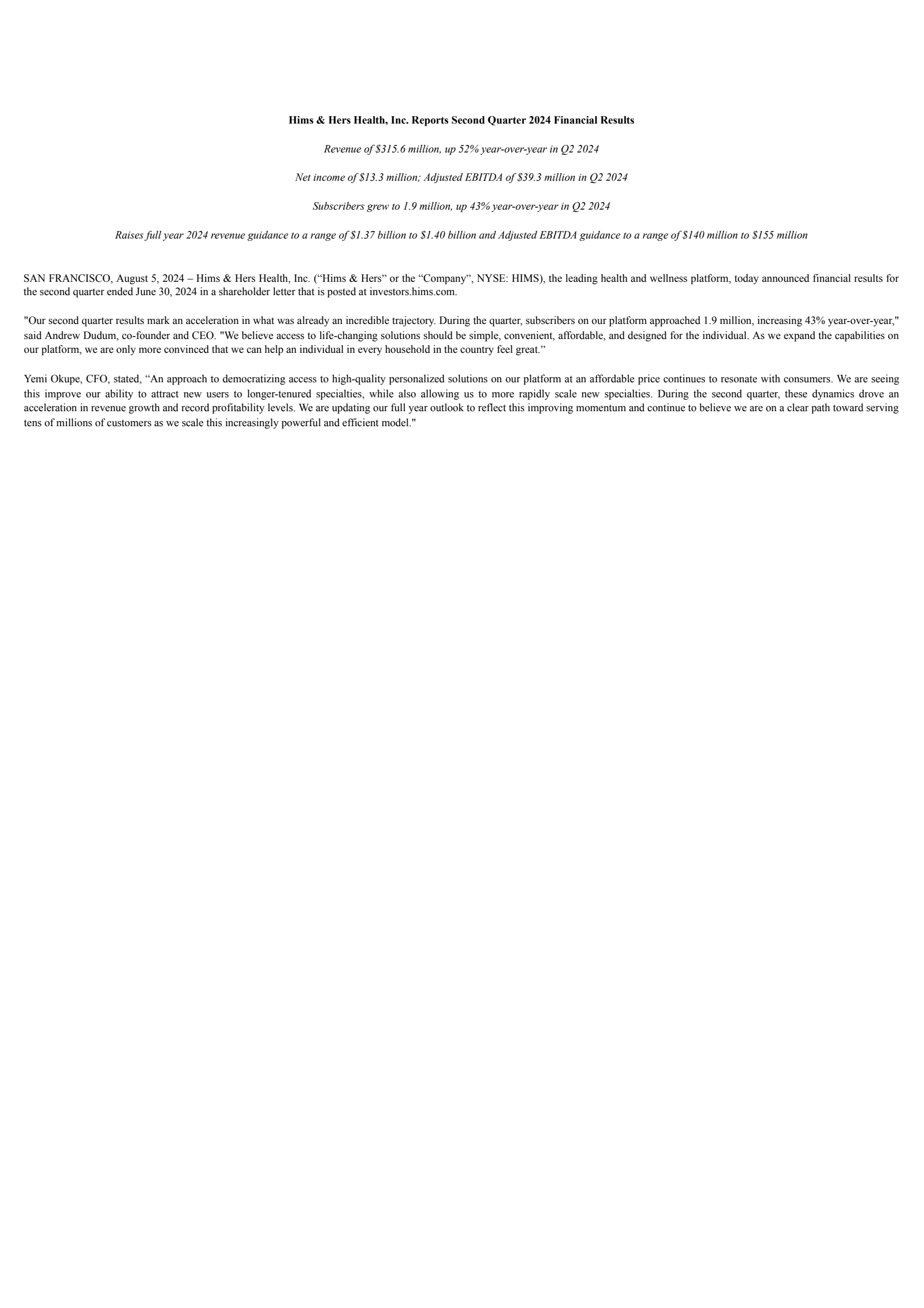 Hims & Hers Health's Q2 2024 Earnings Release