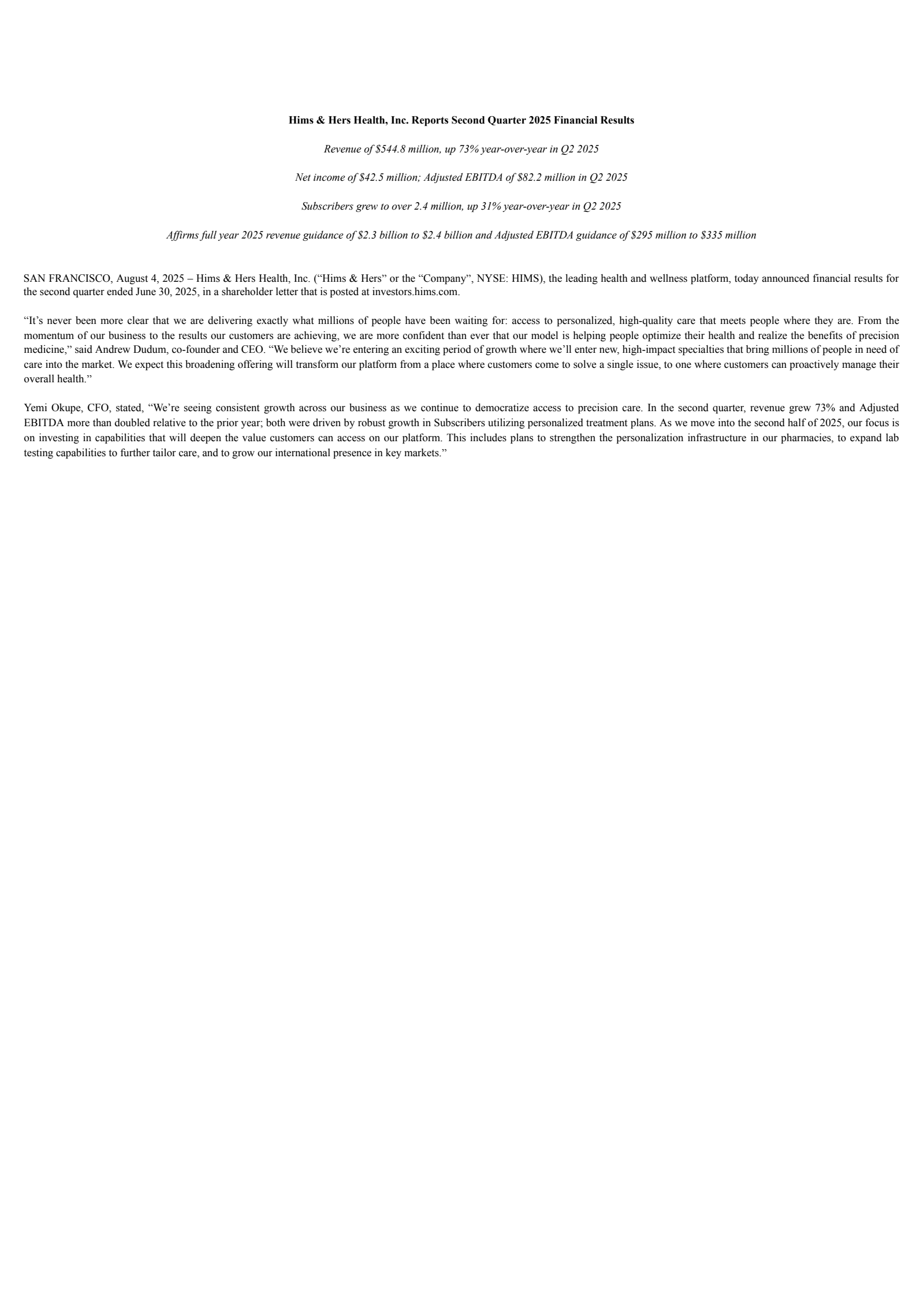 Hims & Hers Health's Q2 2025 Earnings Release