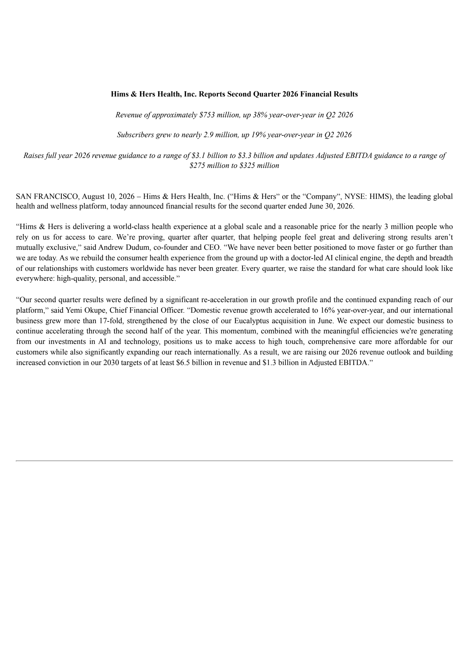 Hims & Hers Health's Q2 2026 Press Release