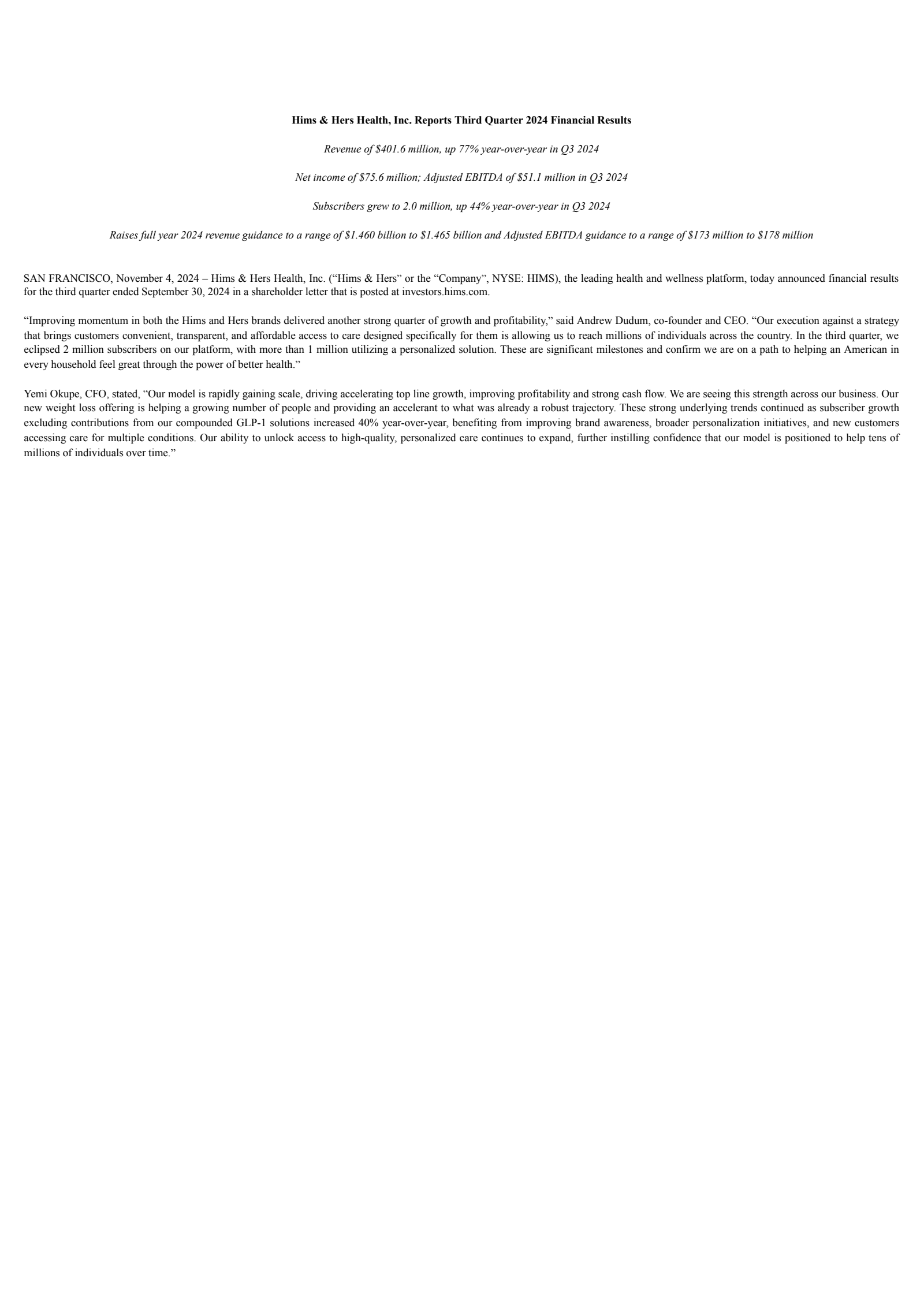 Hims & Hers Health's Q3 2024 Earnings Release