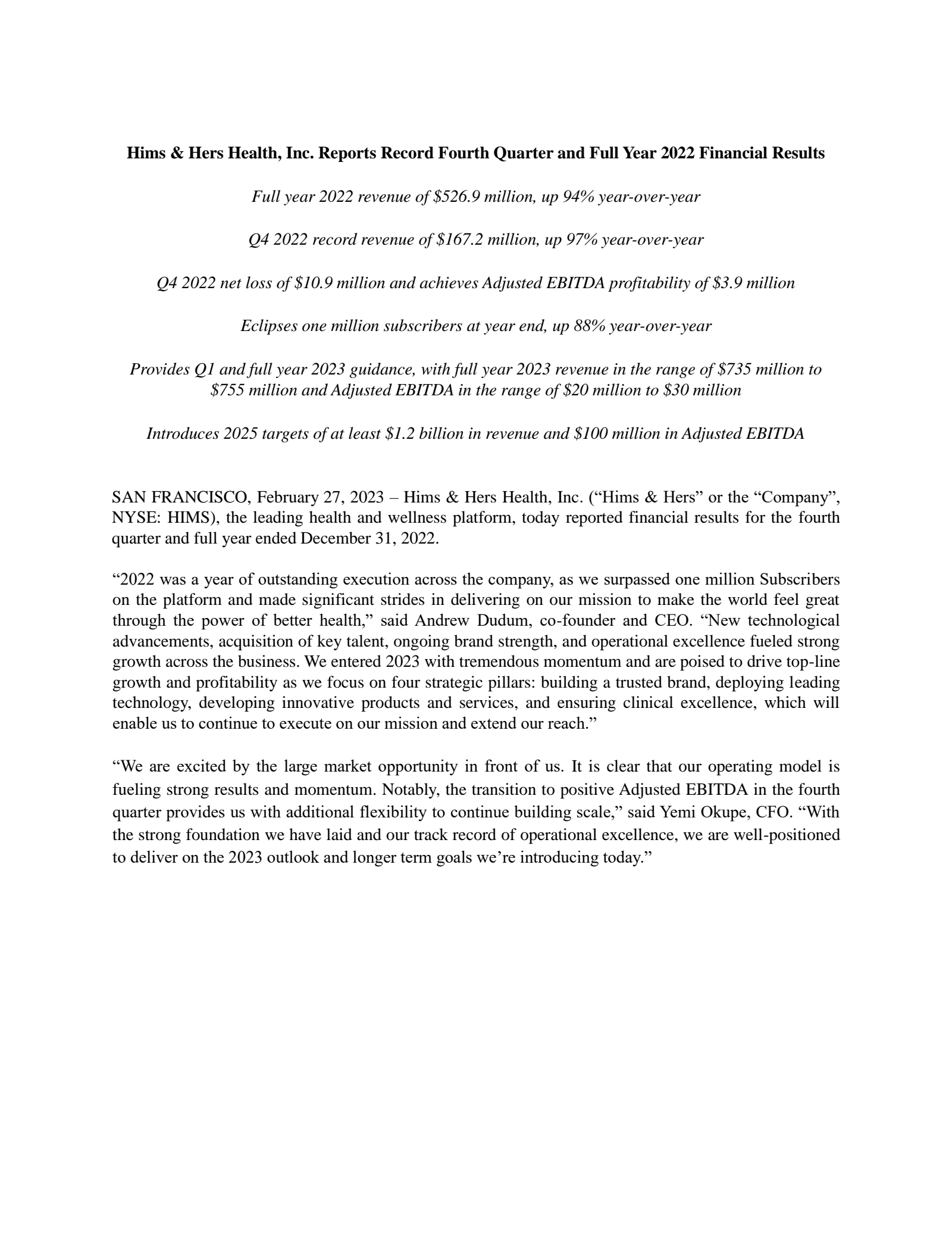 Hims & Hers Health's Q4 2022 Press Release