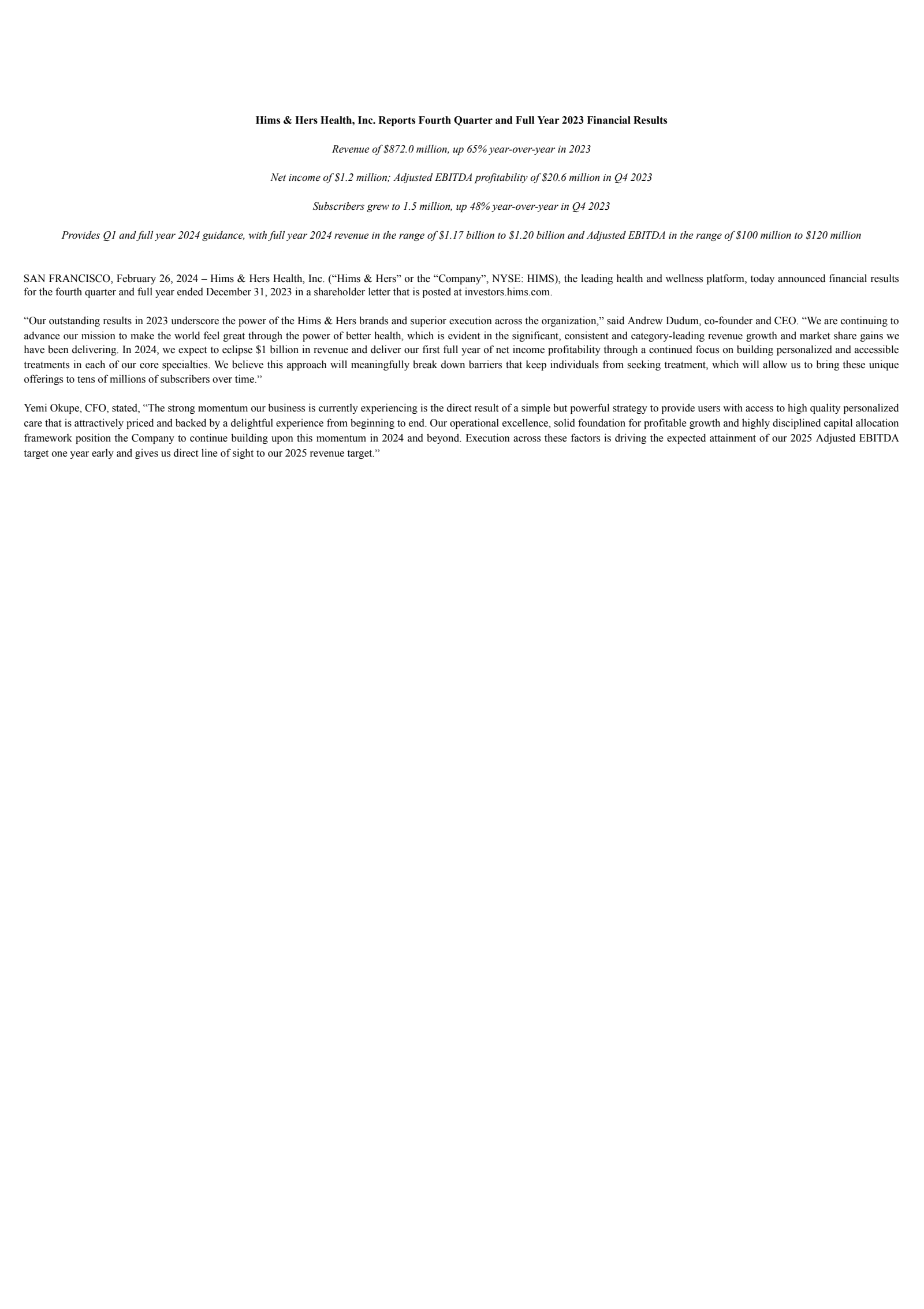 Hims & Hers Health's Q4 2023 Earnings Release