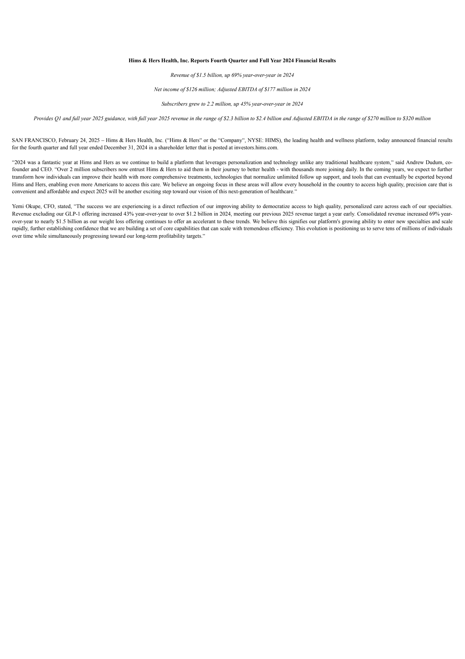 Hims & Hers Health's Q4 2024 Earnings Release