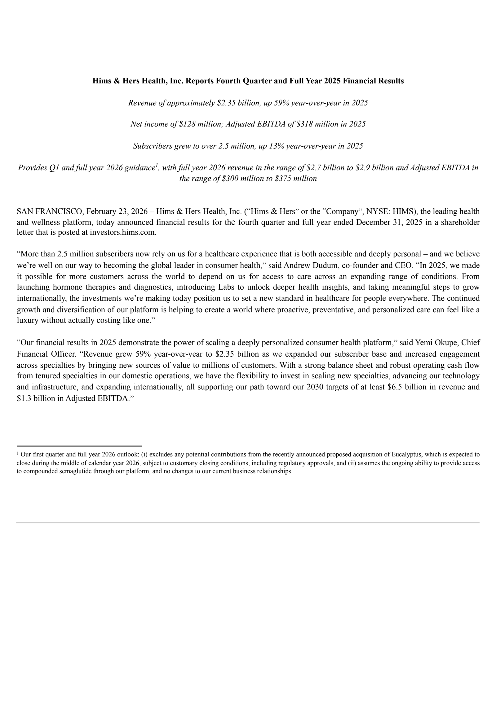 Hims & Hers Health's Q4 2025 Press Release