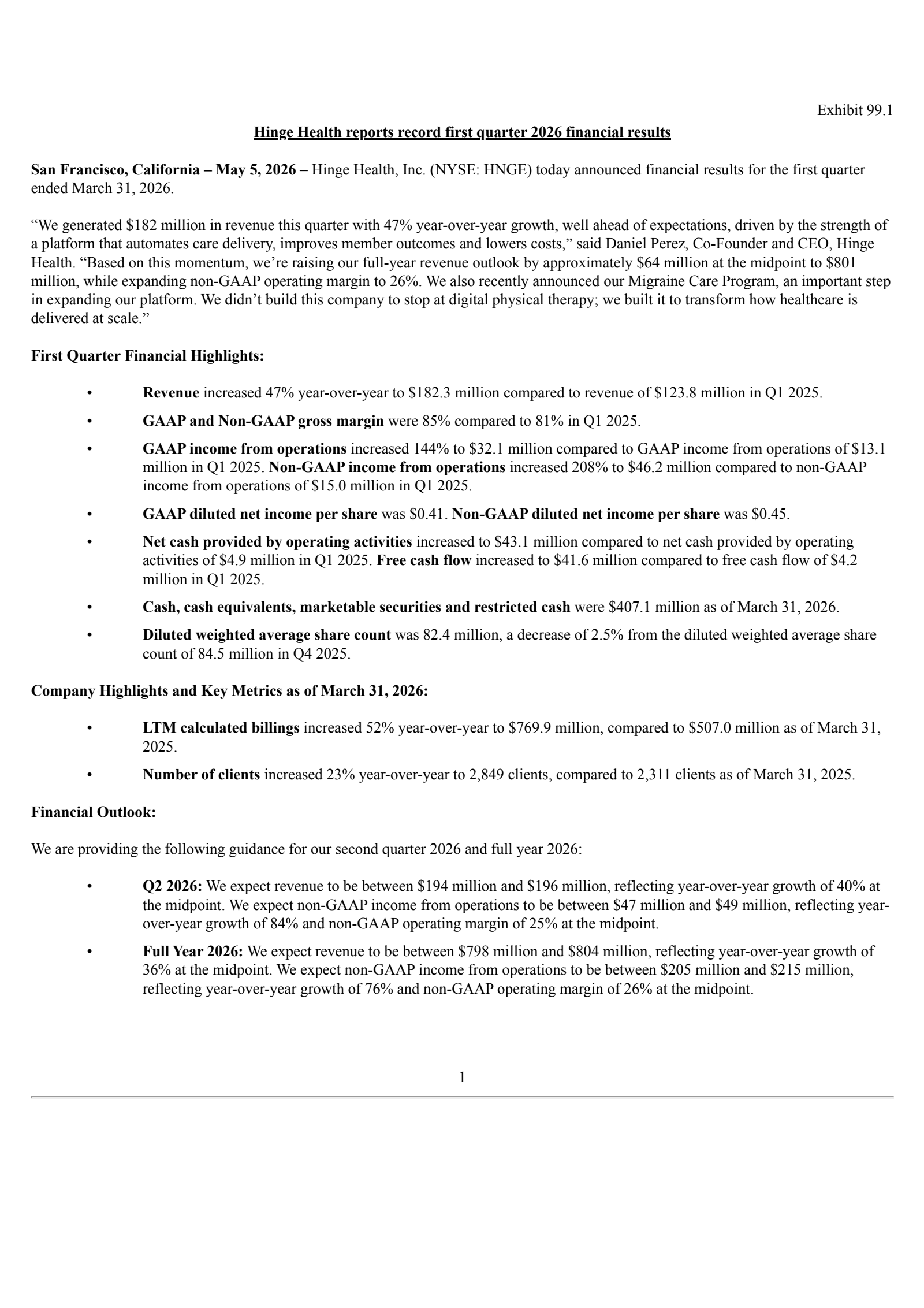 Hinge Health's Q1 2026 Press Release