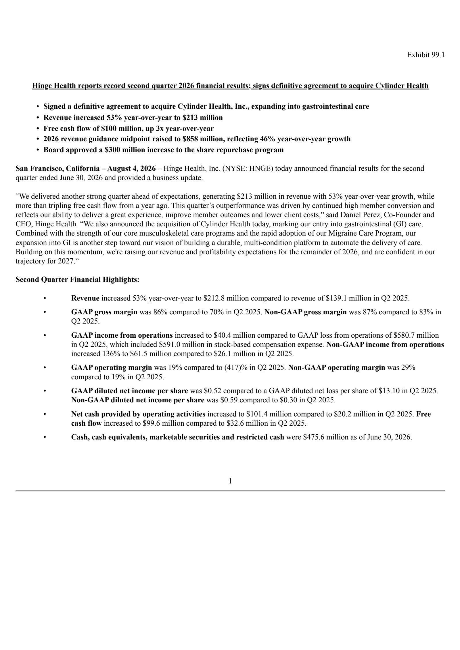 Hinge Health's Q2 2026 Press Release