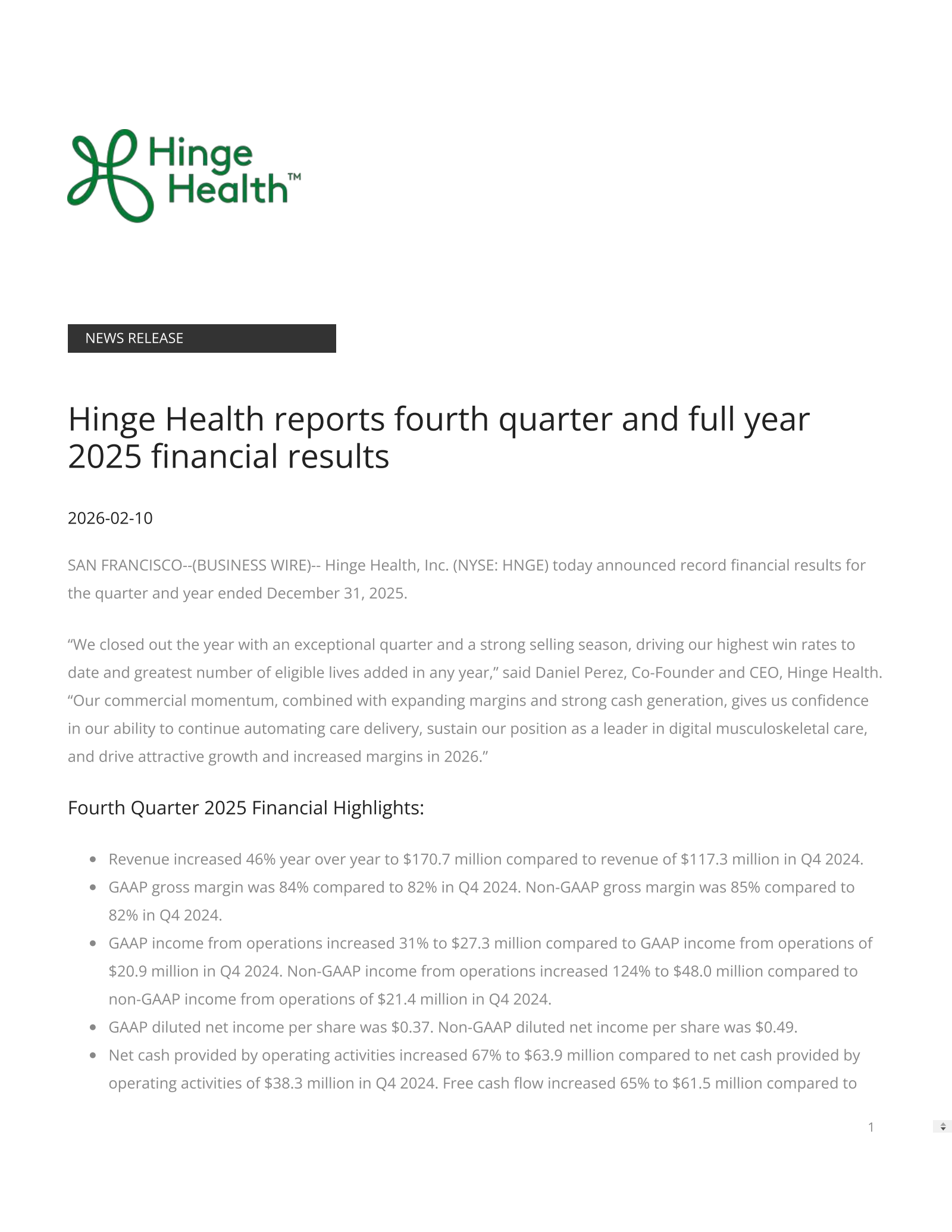 Hinge Health's Q4 2025 Press Release