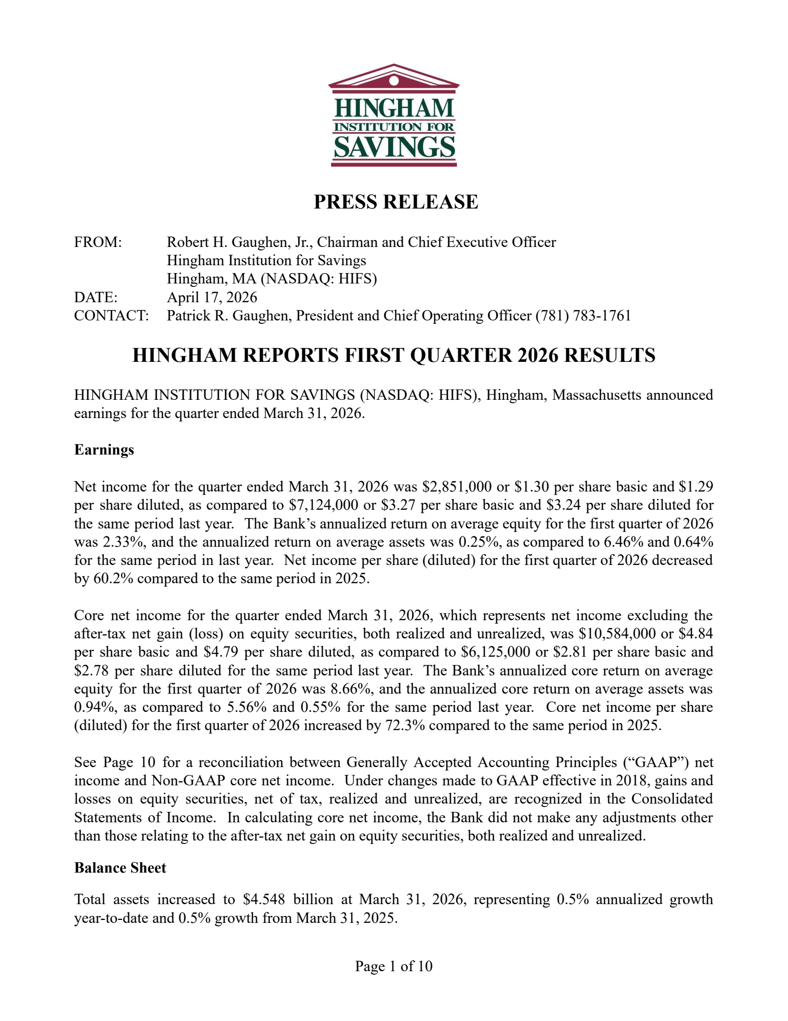 Hingham Institution for Savings' Q1 2026 Press Release