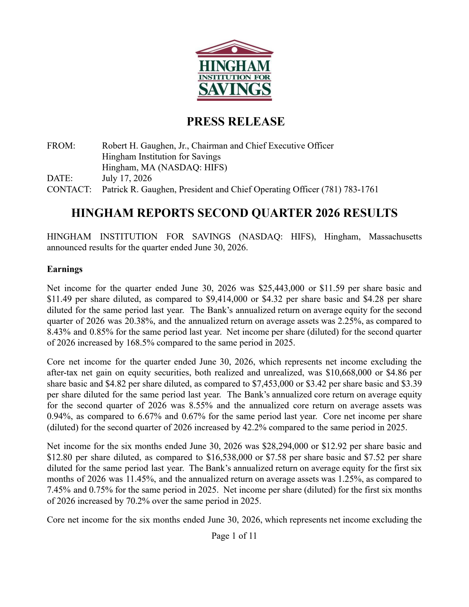 Hingham Institution for Savings' Q2 2026 Press Release