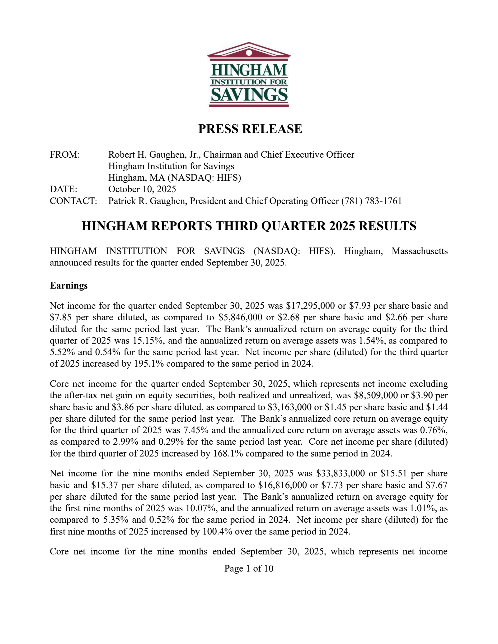 Hingham Institution for Savings' Q3 2025 Earnings Release