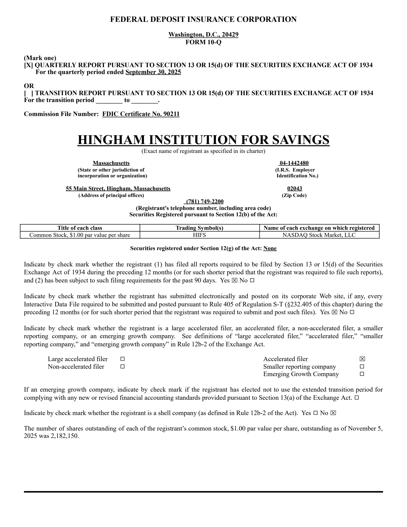 Hingham Institution for Savings' Q3 2025 Quarterly report