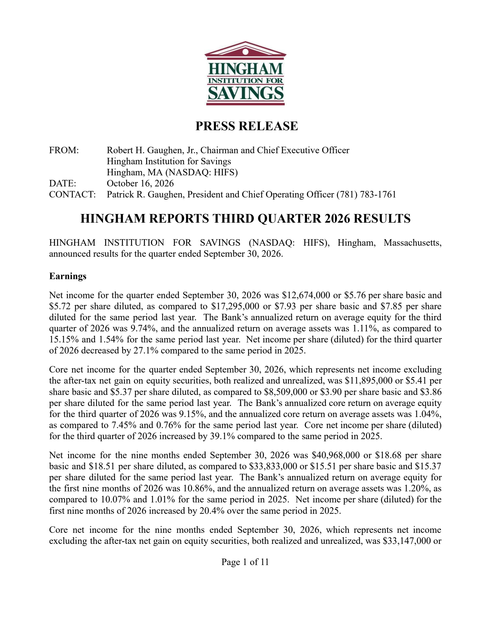 Hingham Institution for Savings' Q3 2026 Press Release