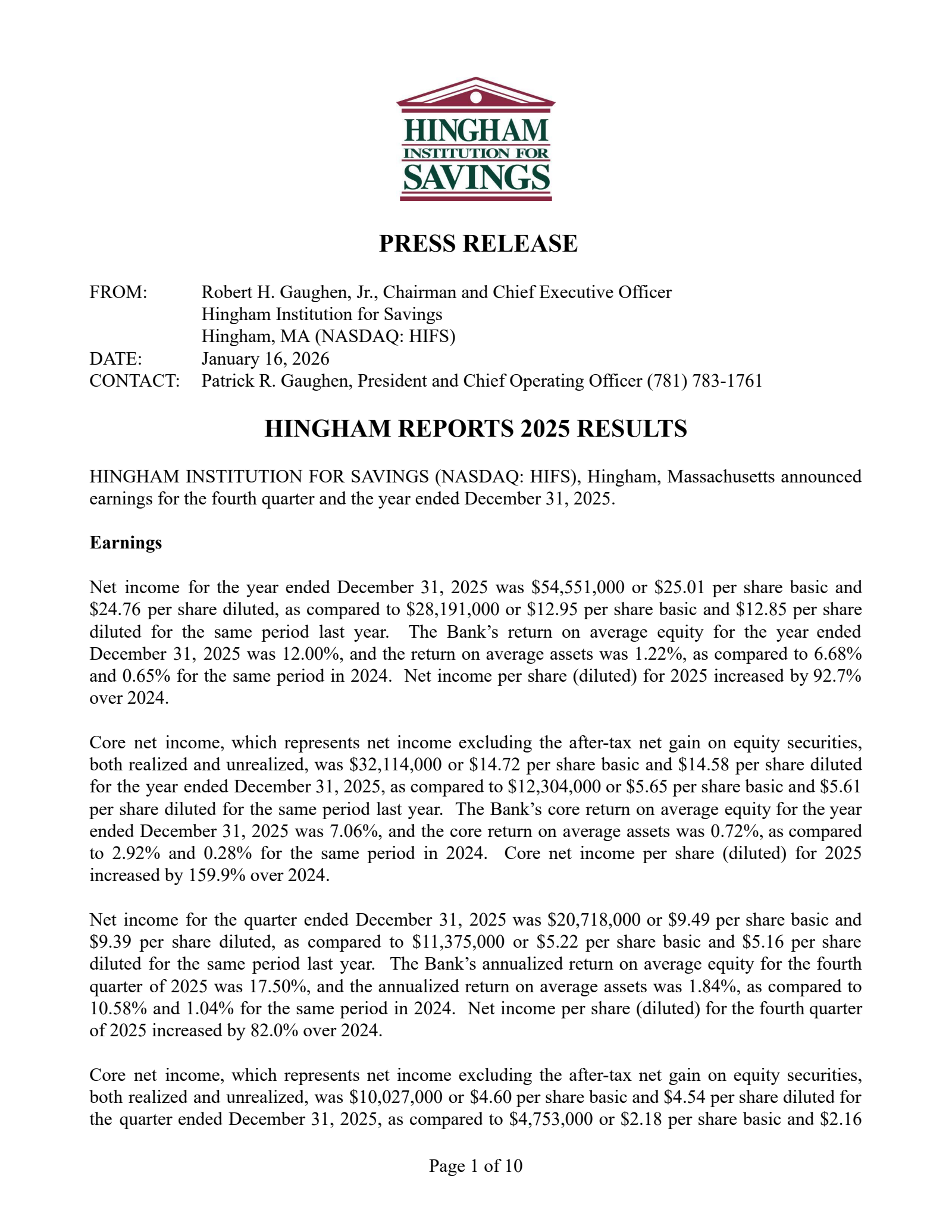 Hingham Institution for Savings' Q4 2025 Press Release