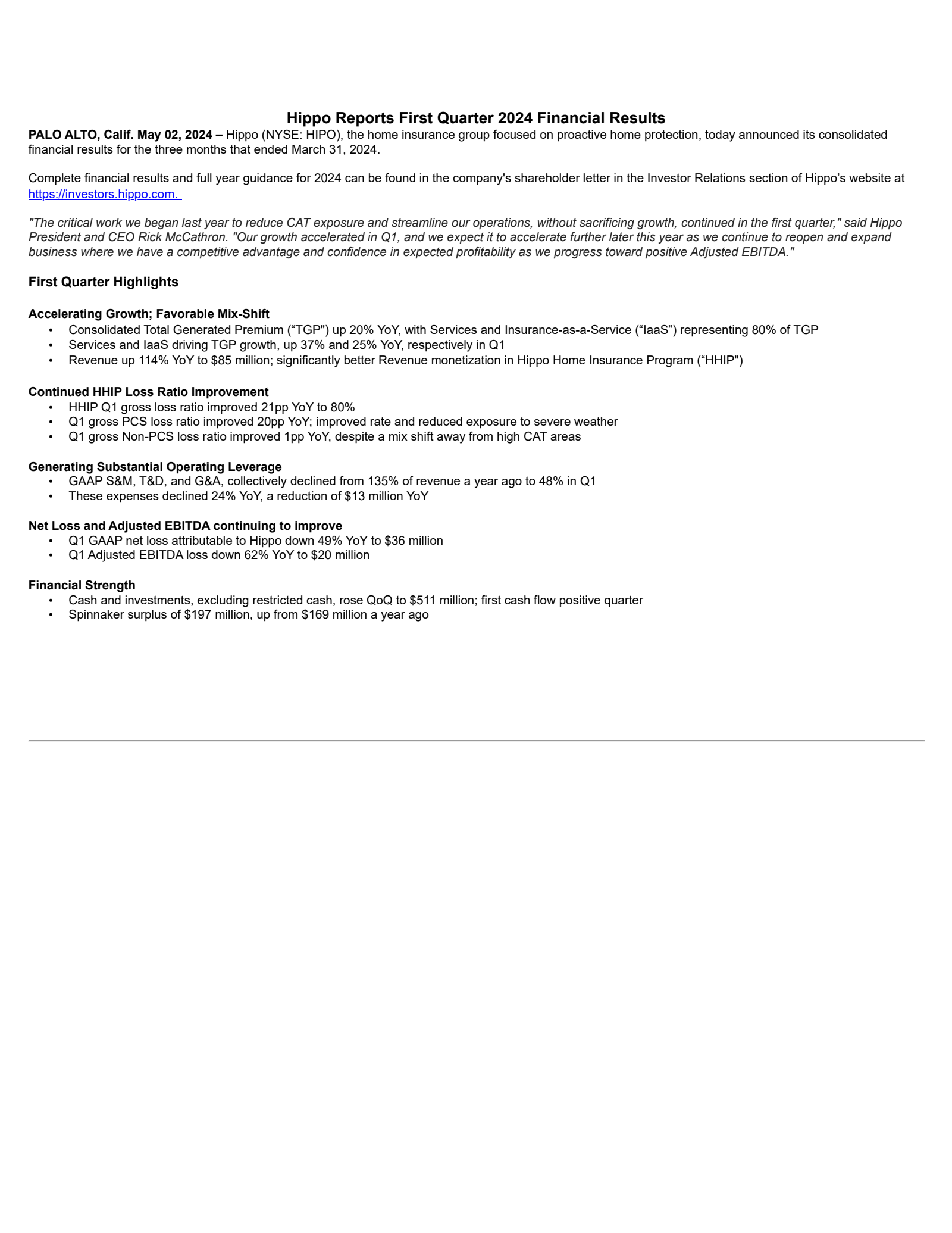 Hippo's Q1 2024 Earnings Release