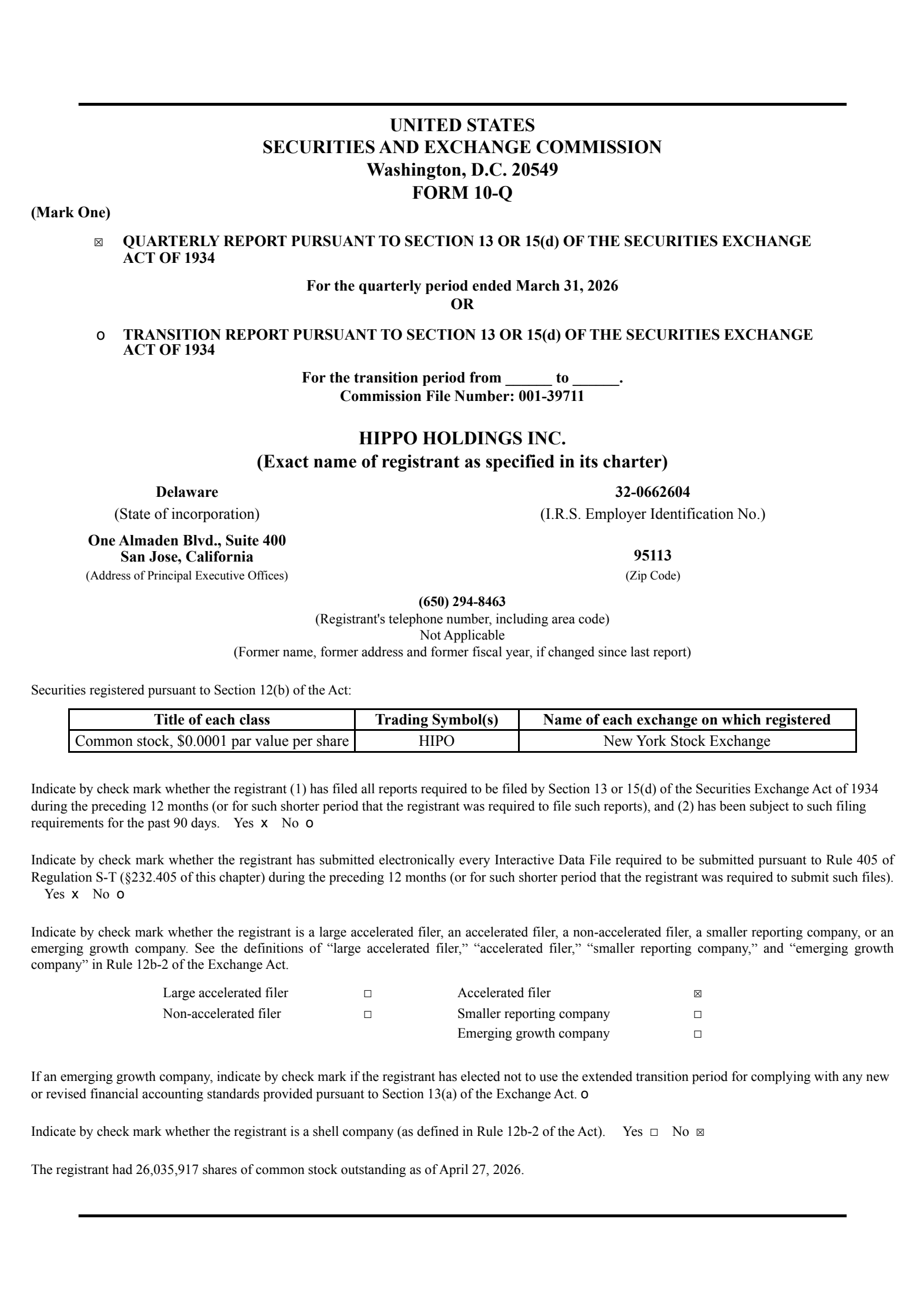 Hippo's Q1 2026 Quarterly report