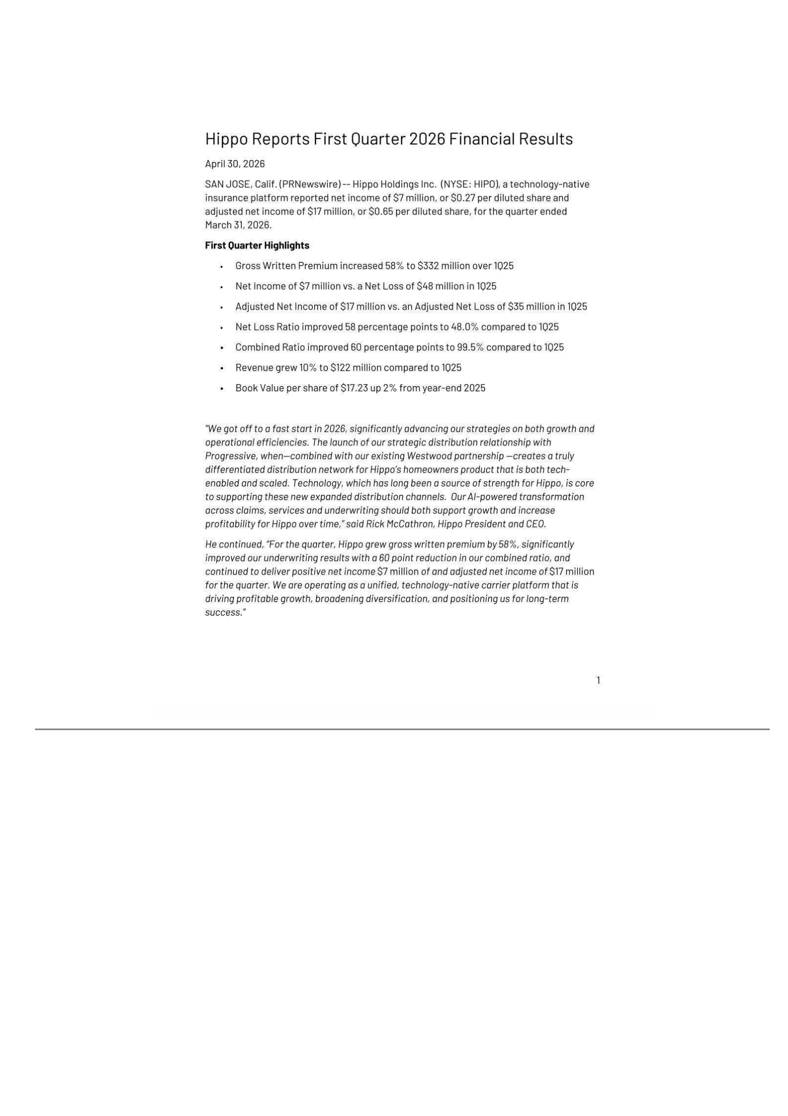 Hippo's Q1 2026 Press Release