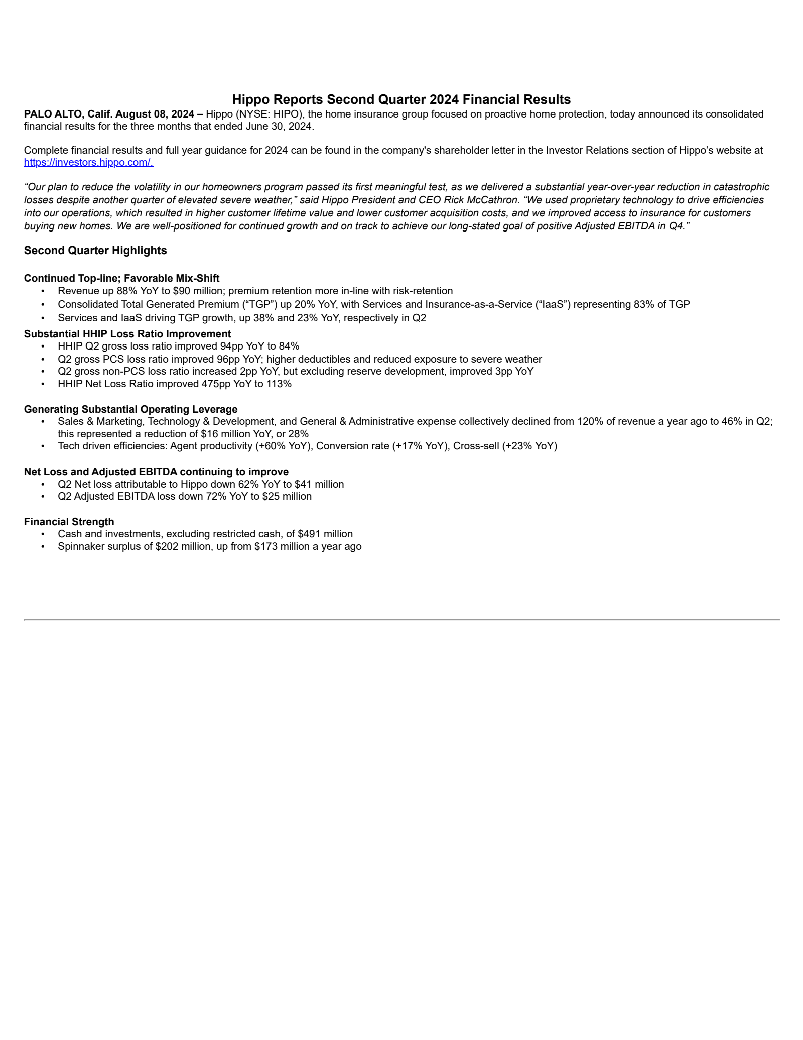 Hippo's Q2 2024 Earnings Release