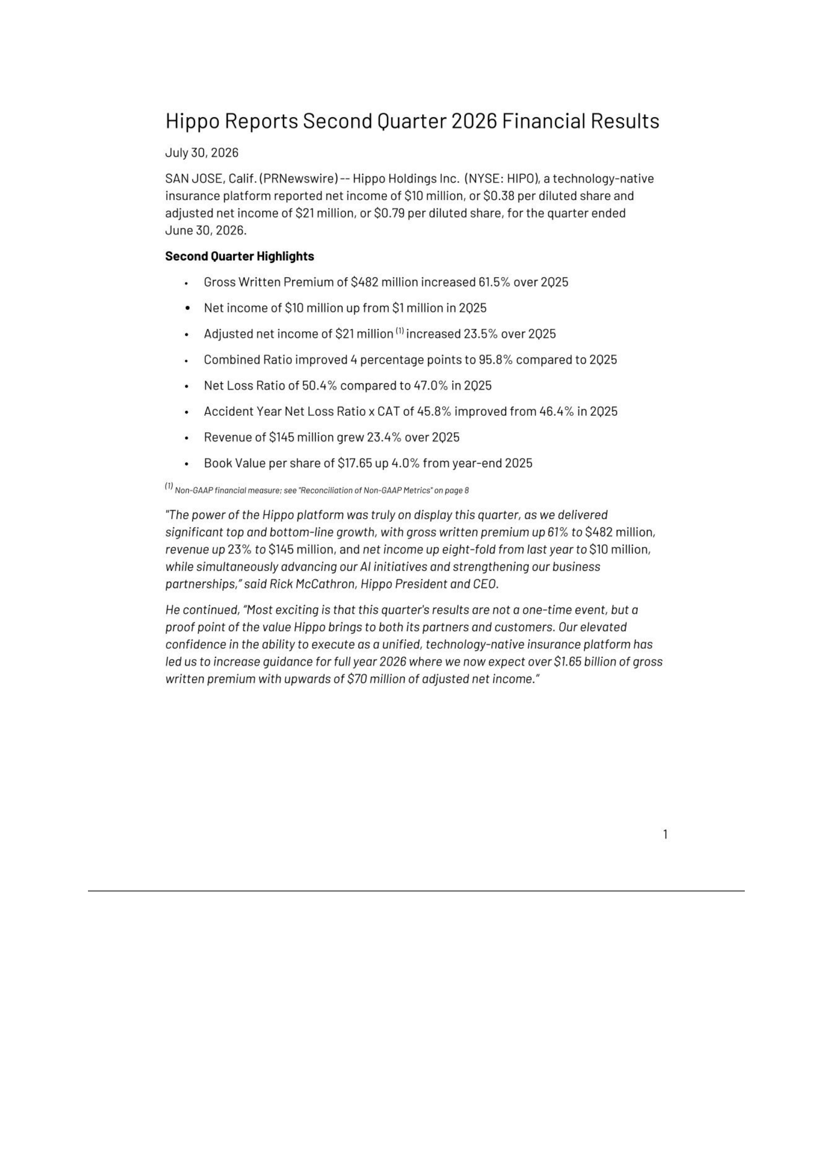 Hippo's Q2 2026 Press Release
