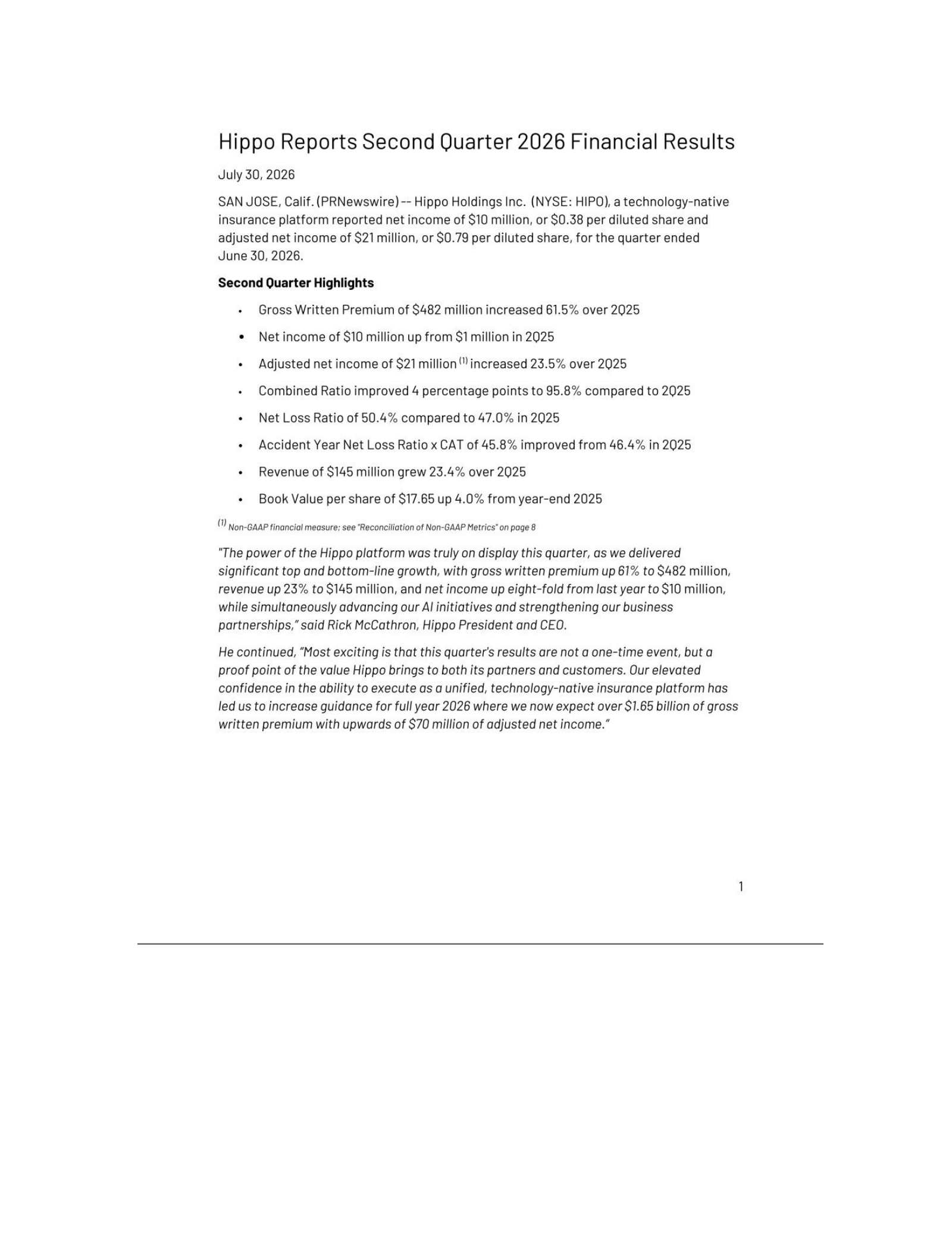 Hippo's Q2 2026 Press Release