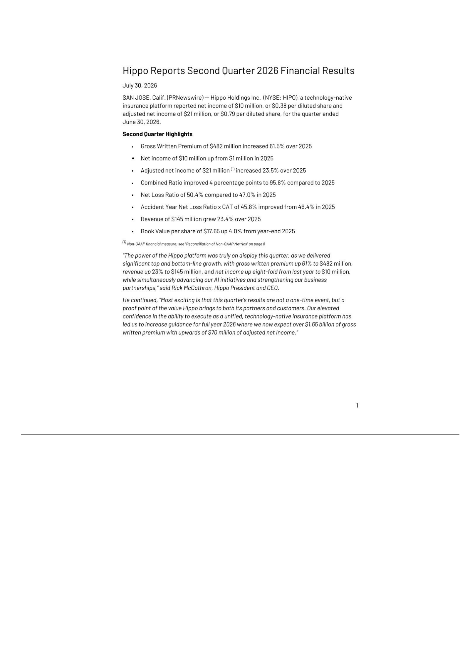 Hippo's Q2 2026 Press Release
