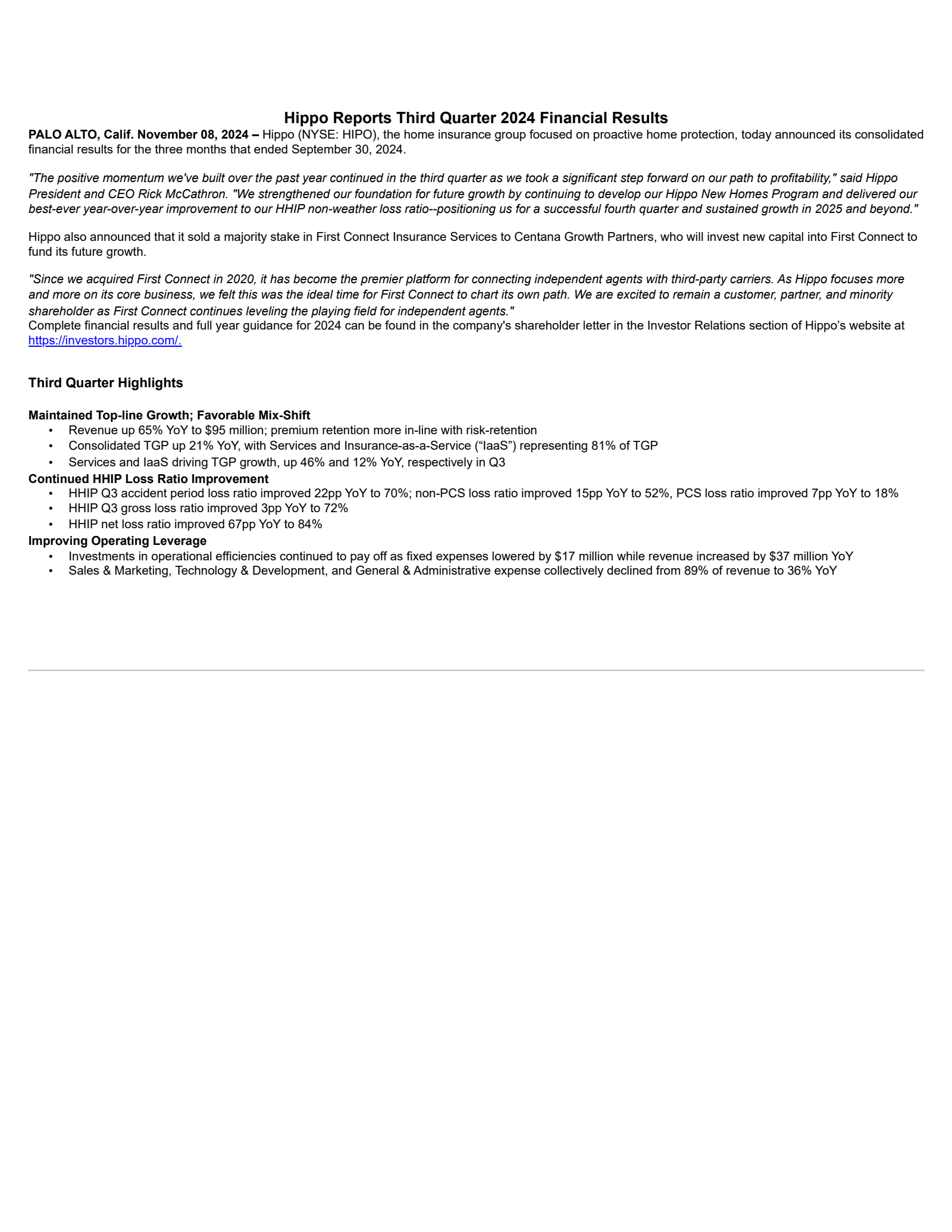 Hippo's Q3 2024 Earnings Release