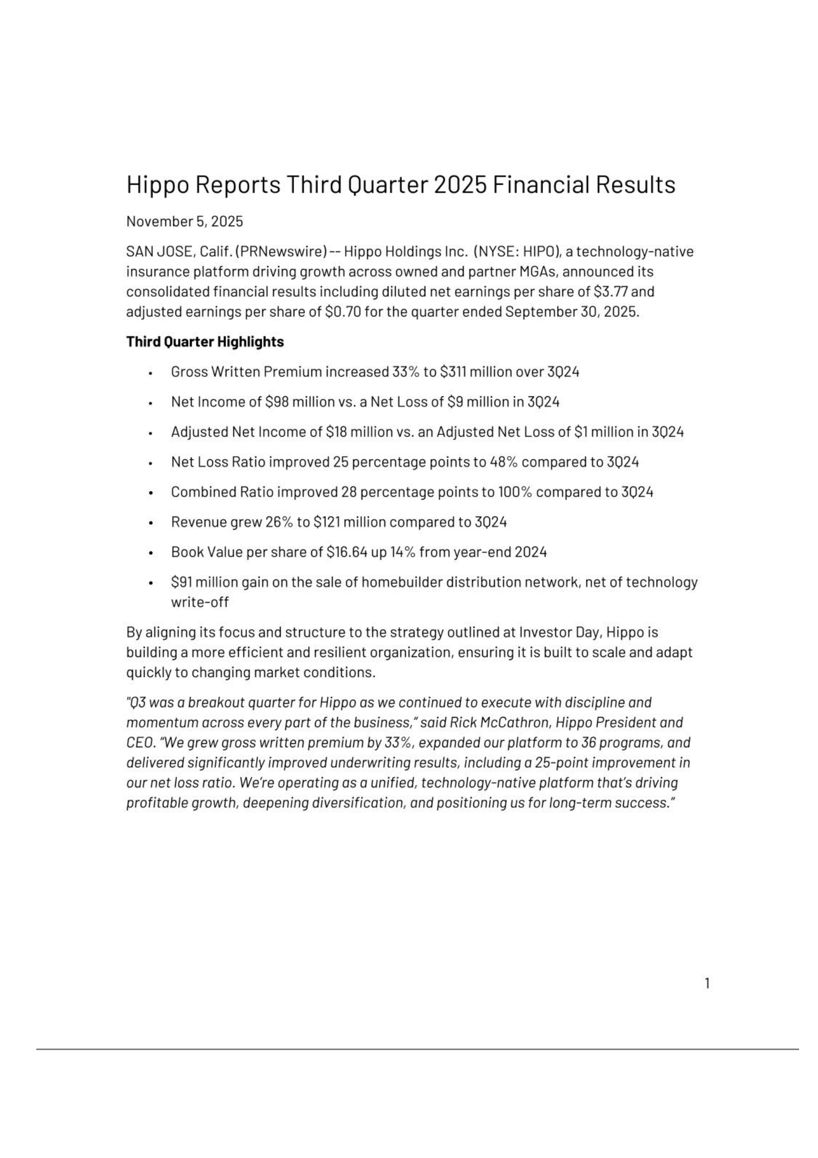 Hippo's Q3 2025 Earnings Release