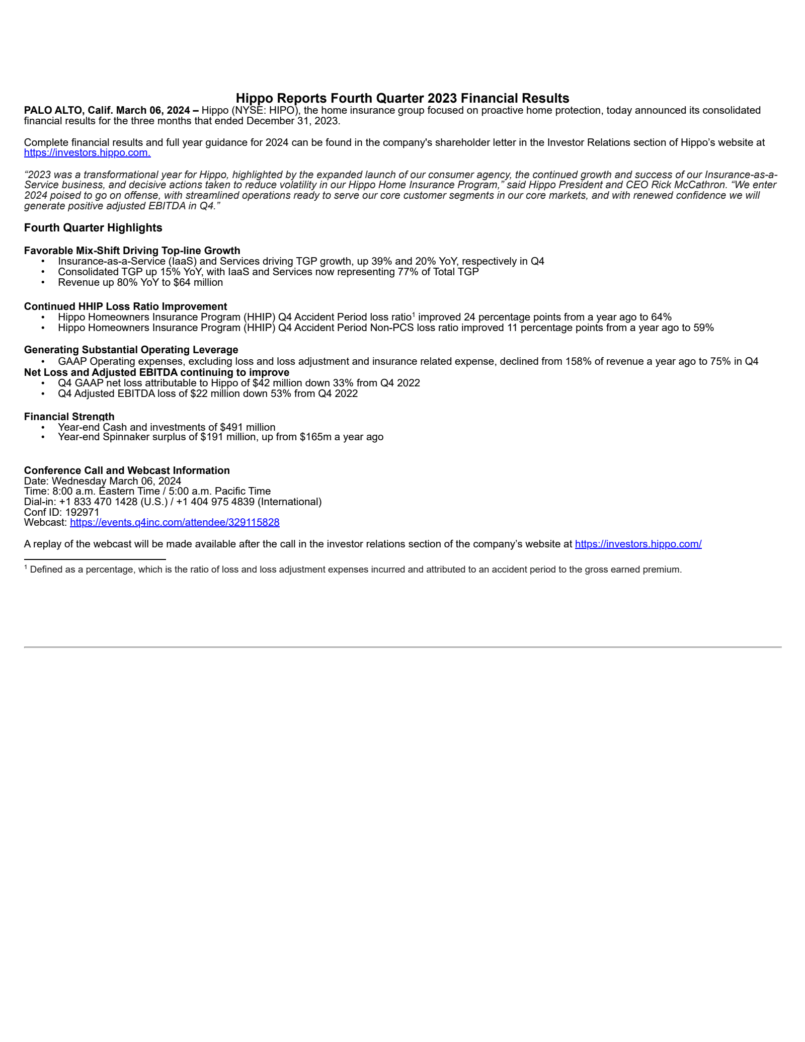 Hippo's Q4 2023 Earnings Release