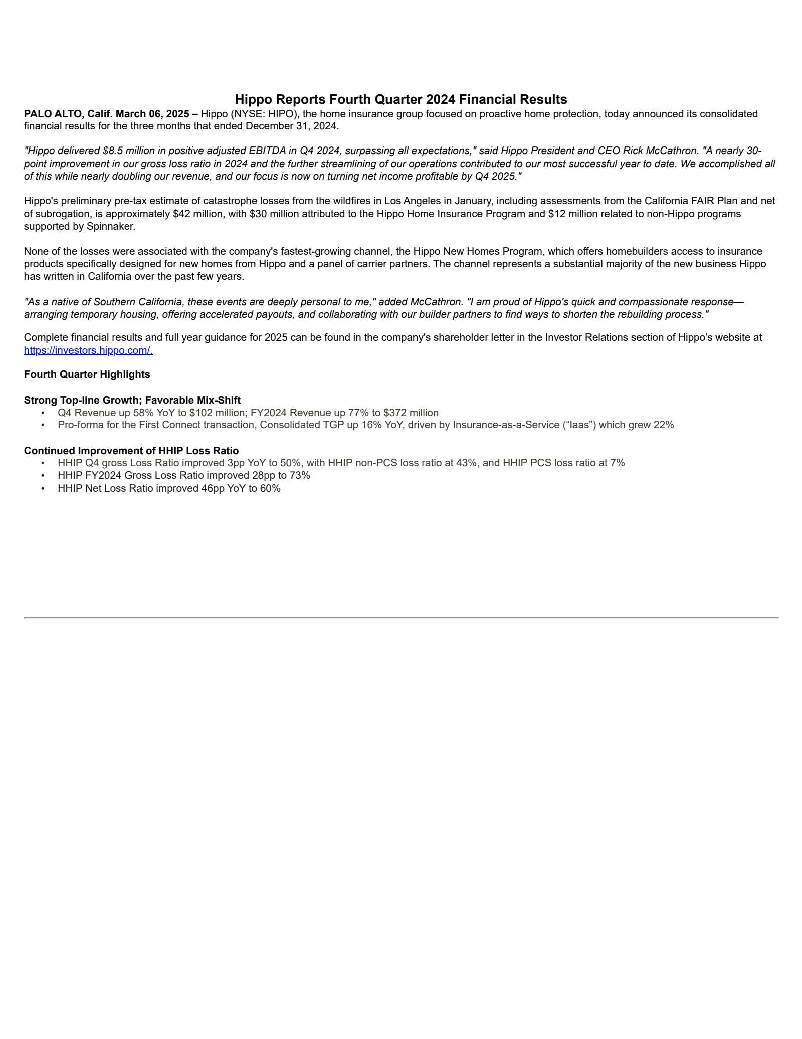 Hippo's Q4 2024 Earnings Release