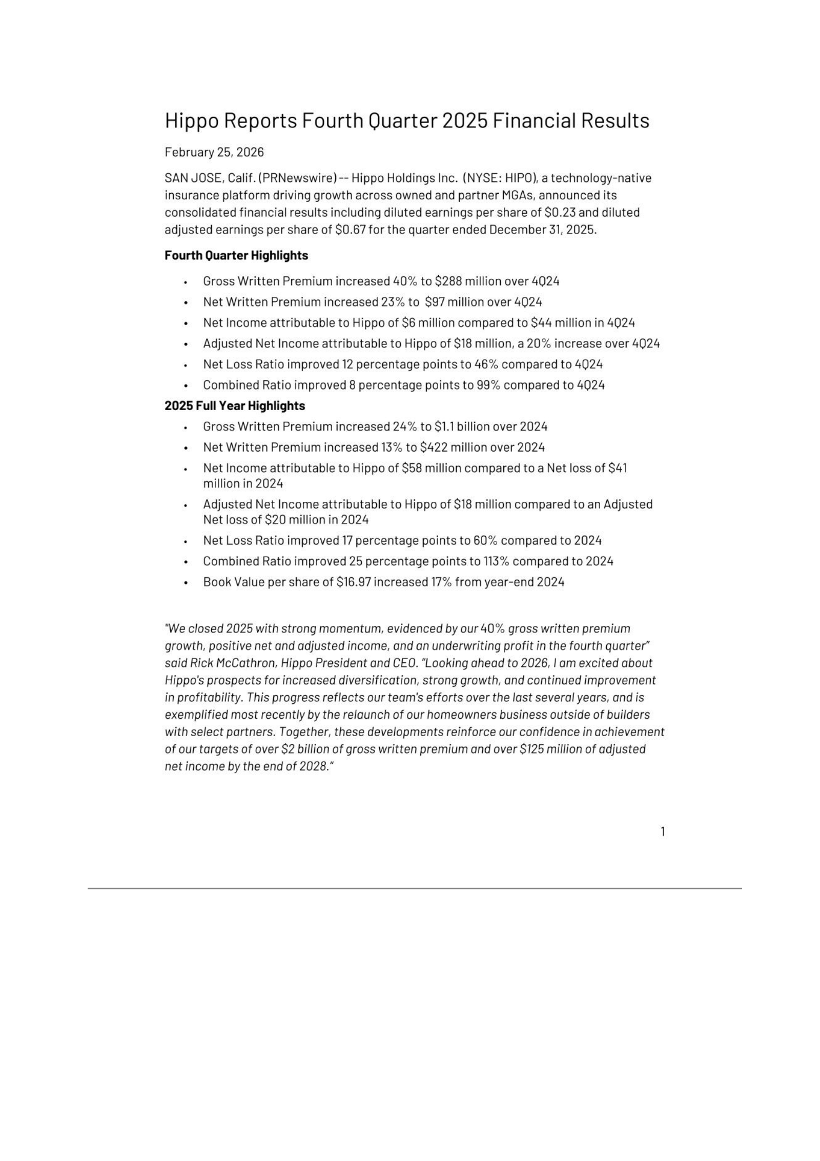Hippo's Q4 2025 Press Release