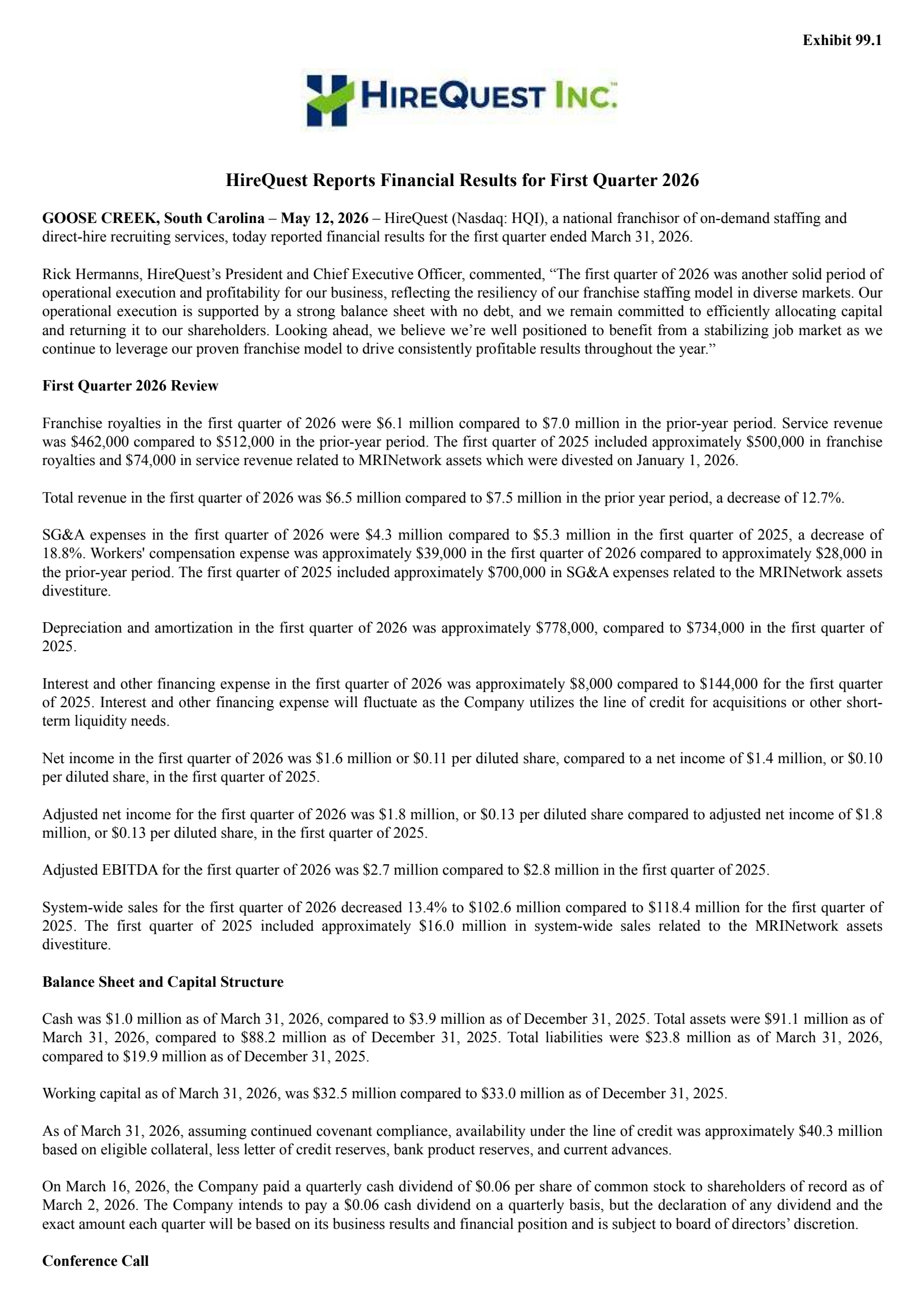 HireQuest's Q1 2026 Press Release