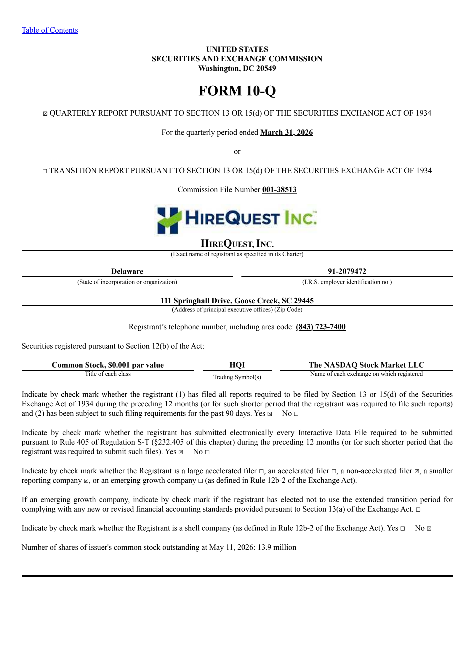 HireQuest's Q1 2026 Quarterly report