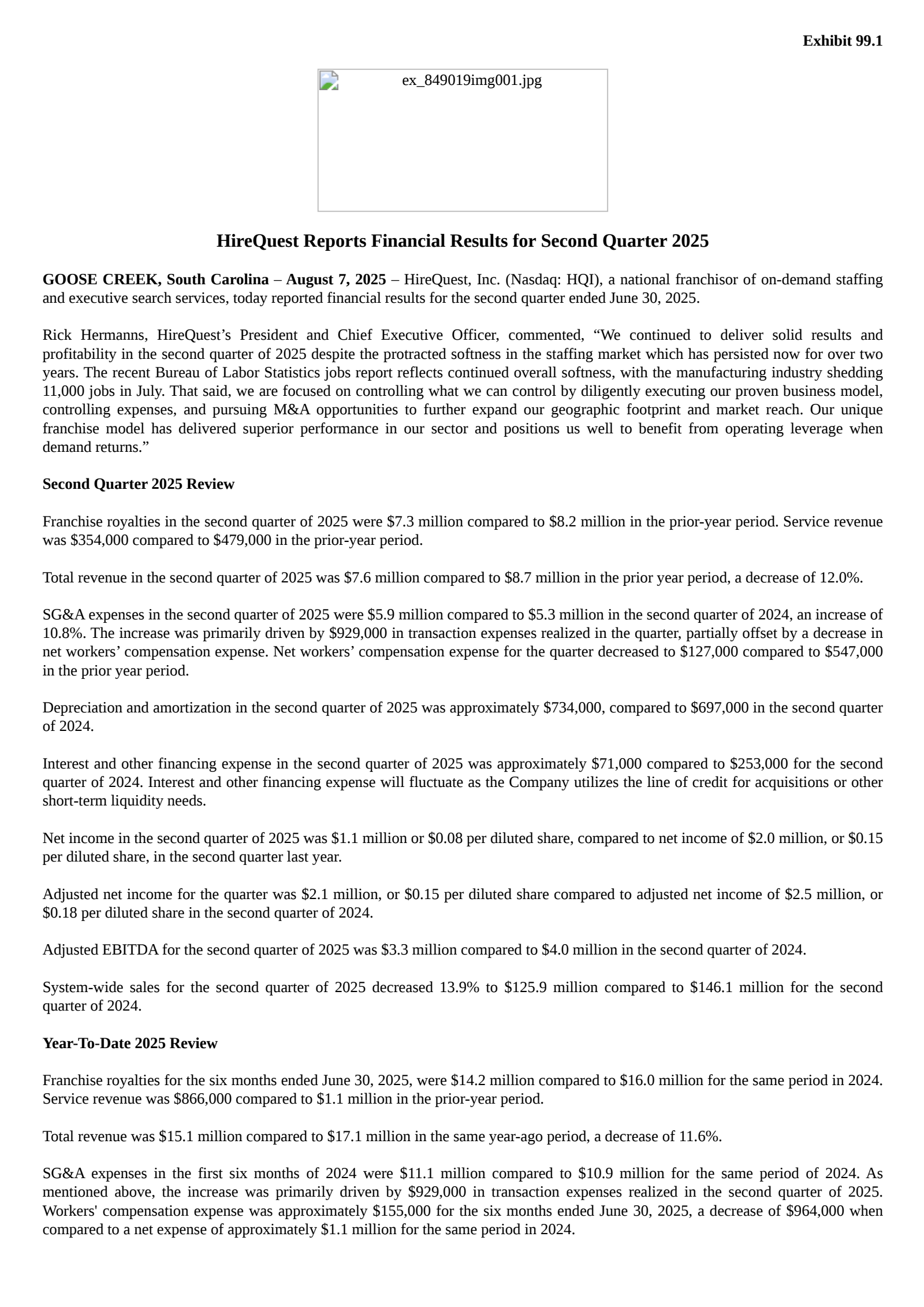 HireQuest's Q2 2025 Press Release