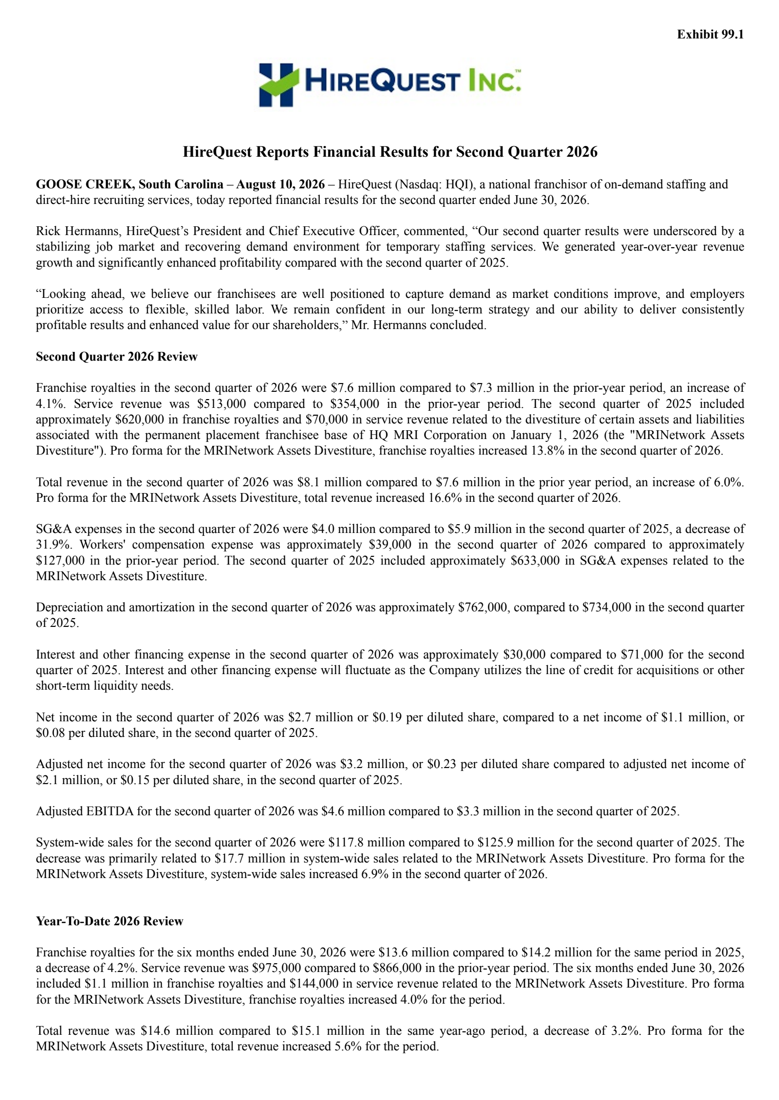 HireQuest's Q2 2026 Press Release