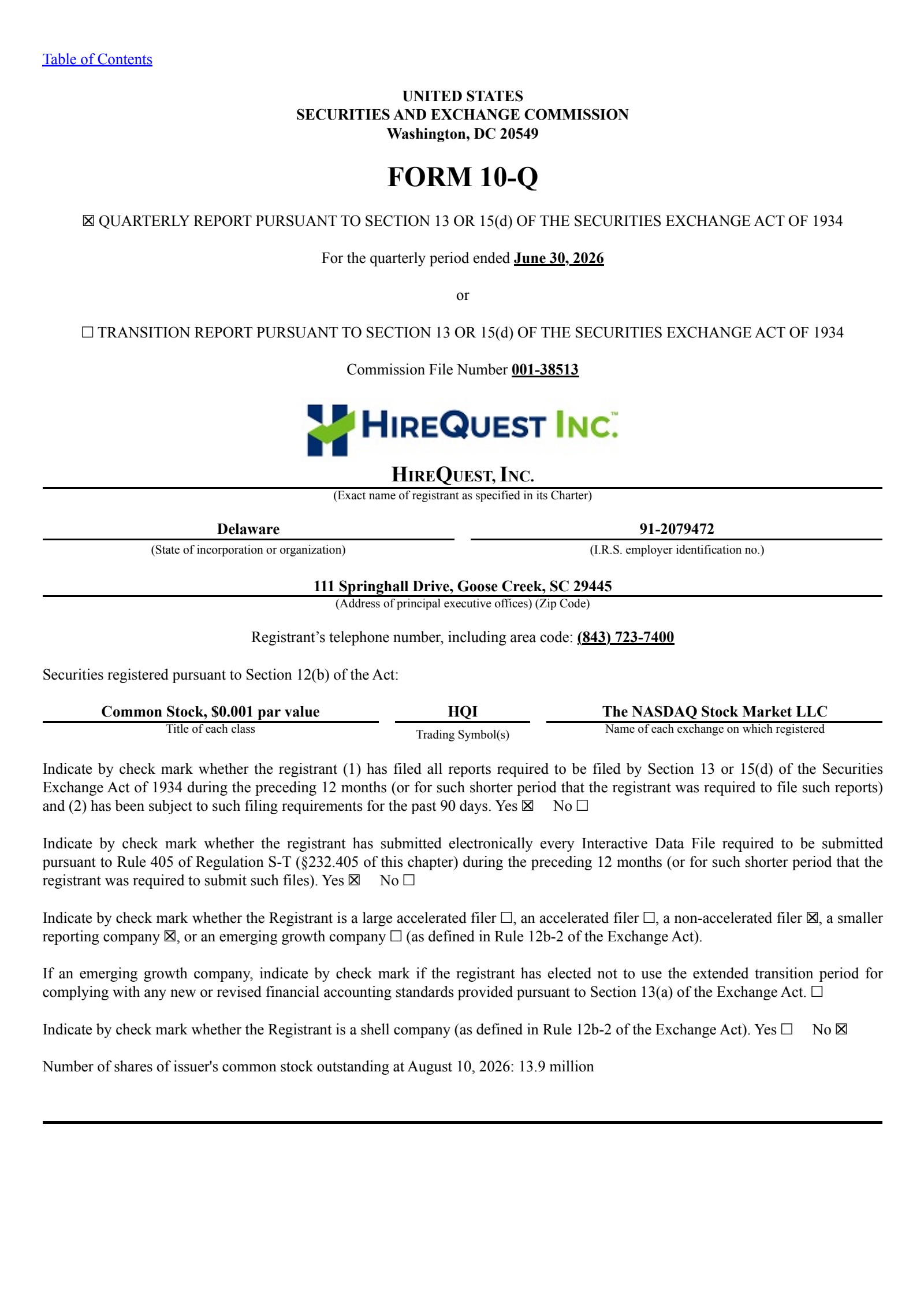 HireQuest's Q2 2026 Quarterly report