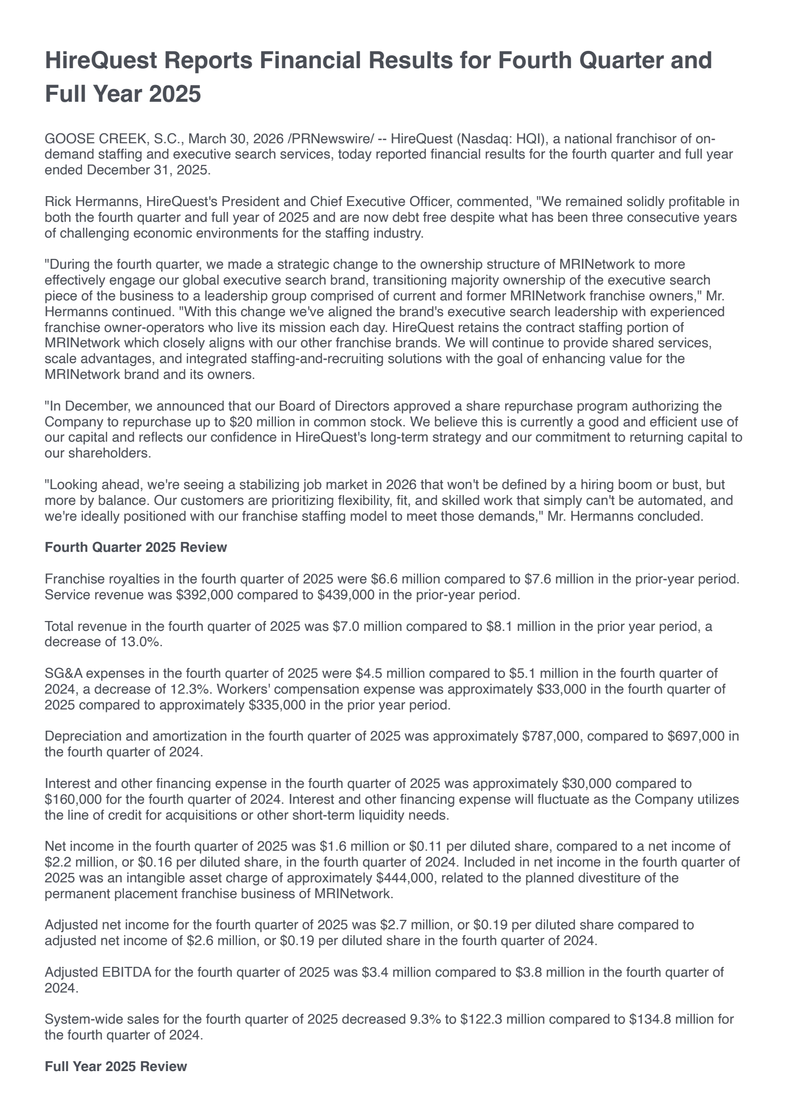 HireQuest's Q4 2025 Press Release