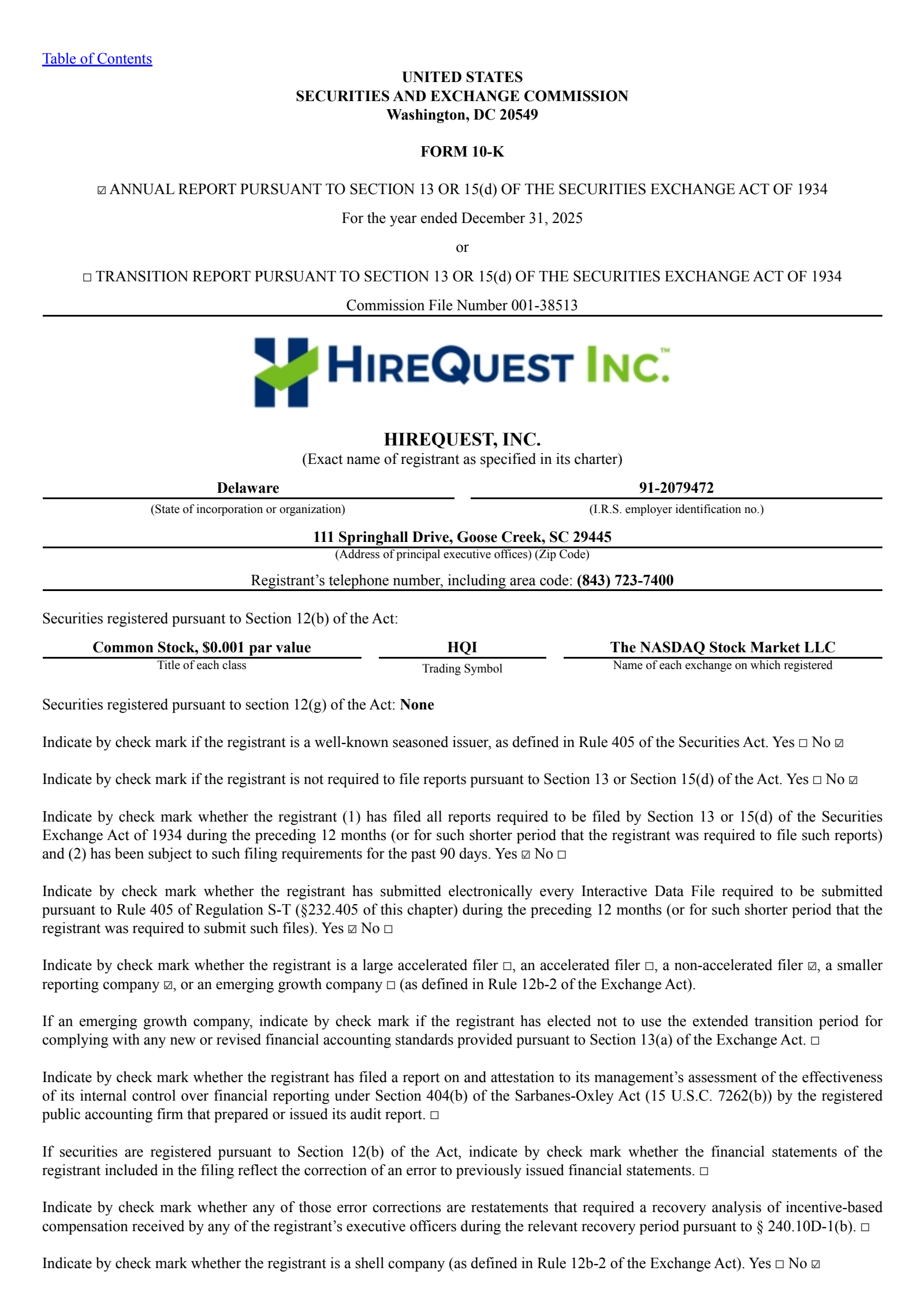 HireQuest's Q4 2025 Annual report