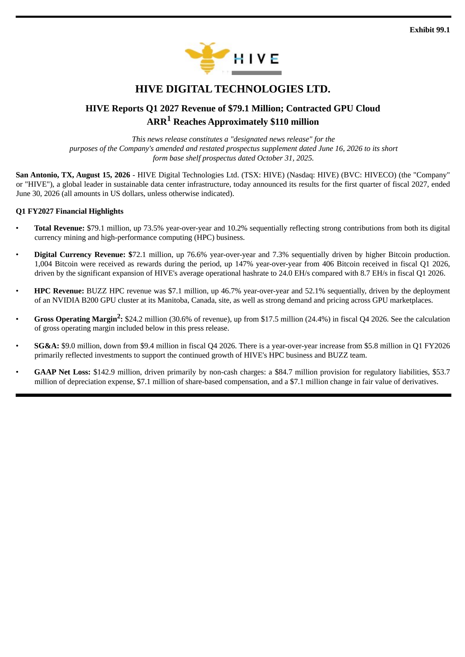 HIVE Digital Technologies' Q1 2027 Press Release