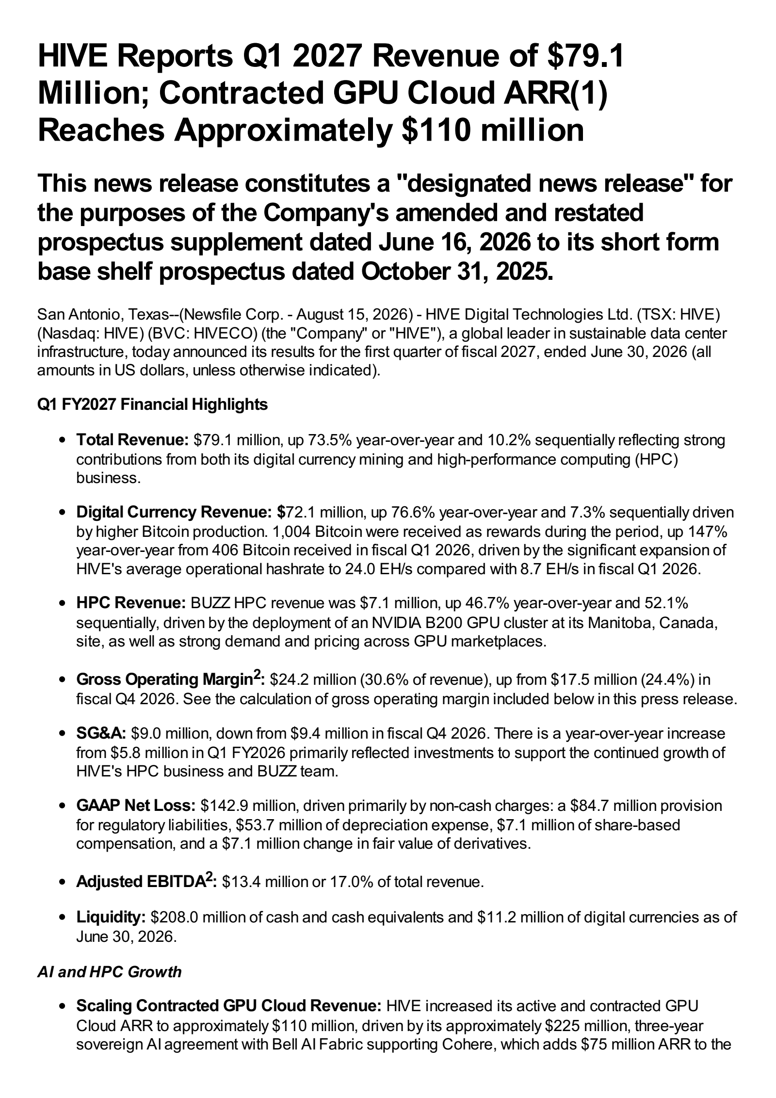 HIVE Digital Technologies' Q1 2027 Press Release