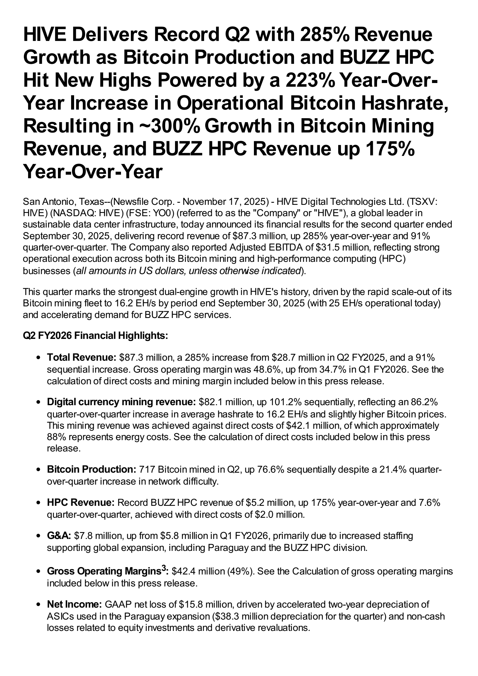 HIVE Digital Technologies' Q2 2026 Earnings Release