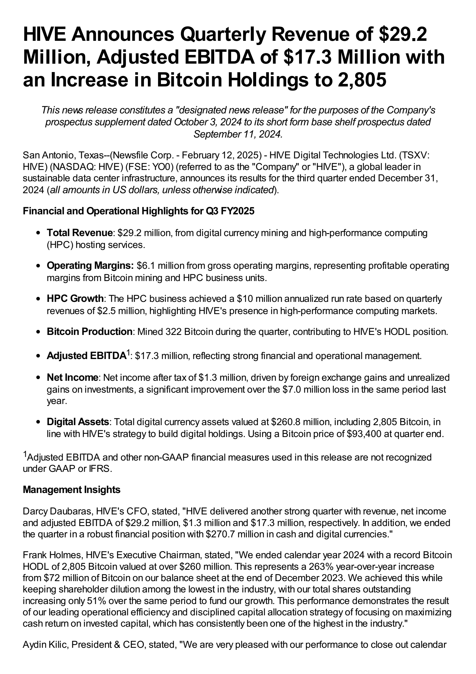 HIVE Digital Technologies' Q3 2025 Press Release
