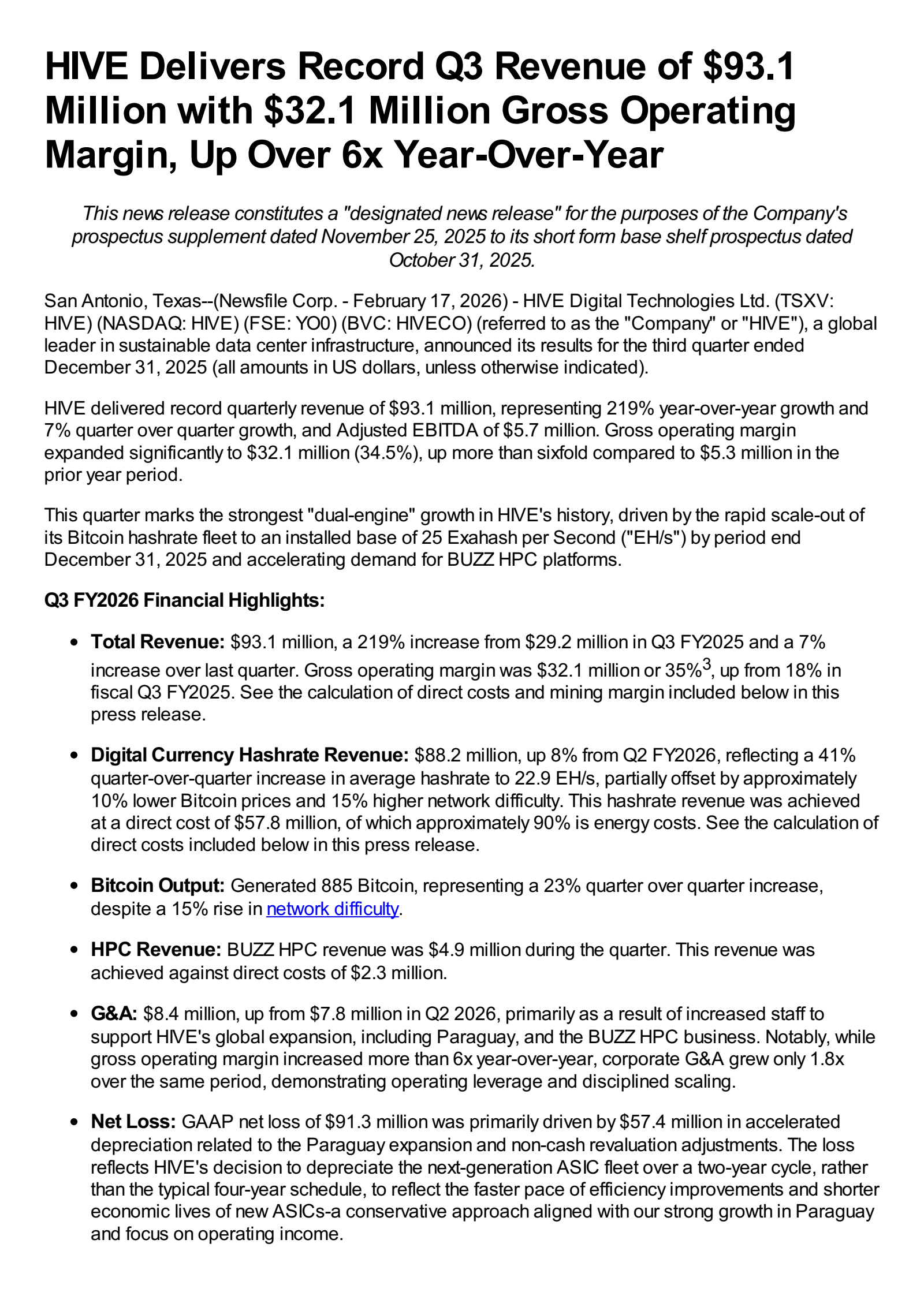 HIVE Digital Technologies' Q3 2026 Press Release